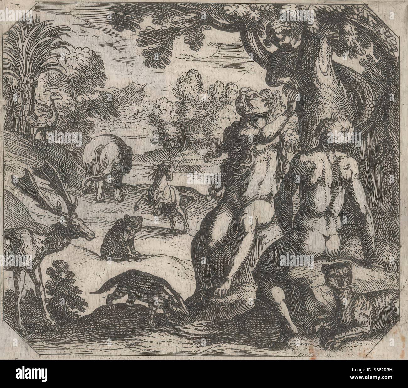 Fox, Maerten de, Bruyn, Nicolaes de, Vatican, Raphaël, Rome, Tempesta, Antonio, la création, la séduction d'Eve, verso - estampillé, Adam et Eve s'assoient près de l'arbre de la connaissance. EVA prend une pomme du tuyau dans l'arbre., impression, hauteur 118 mm, largeur 124 mm, italien, 1555 - 1630-08-05, graveur, 1565 - 1630, papier, gravure, conception de travaux, 1483-04-07 - 1520-04-07, après conception, Sud-néerlandais, 1571 - 1656-10, après impression de, Work concept, 1532 - 1603-12-04 Banque D'Images