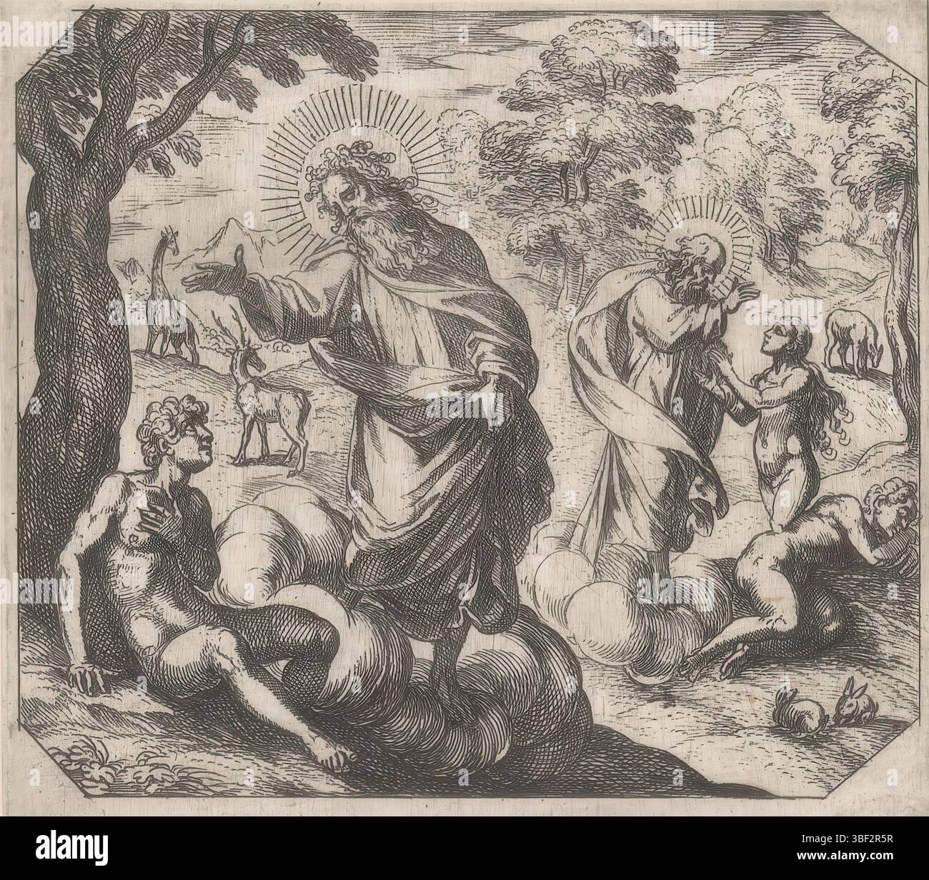 Fox, Maerten de, Bruyn, Nicolaes de, Vatican, Raphaël, Rome, Tempesta, Antonio, la création, la création d'Adam et Eve, verso - estampillé, au premier plan a laissé Dieu le Père qui crée Adam. À droite, Dieu crée le Père Ève à partir de la côte d'Adam. Dans le fond les animaux marchent à travers le paradis., impression, hauteur 110 mm, largeur 124 mm, italien, 1555 - 1630-08-05, graveur, 1565 - 1630, papier, gravure, conception de travail, 1483-04-07 - 1520-04-07, après la conception de, concept de travail, Sud-néerlandais, 1571 - 1656-10, après impression, 1532 - 1603-12-04 Banque D'Images