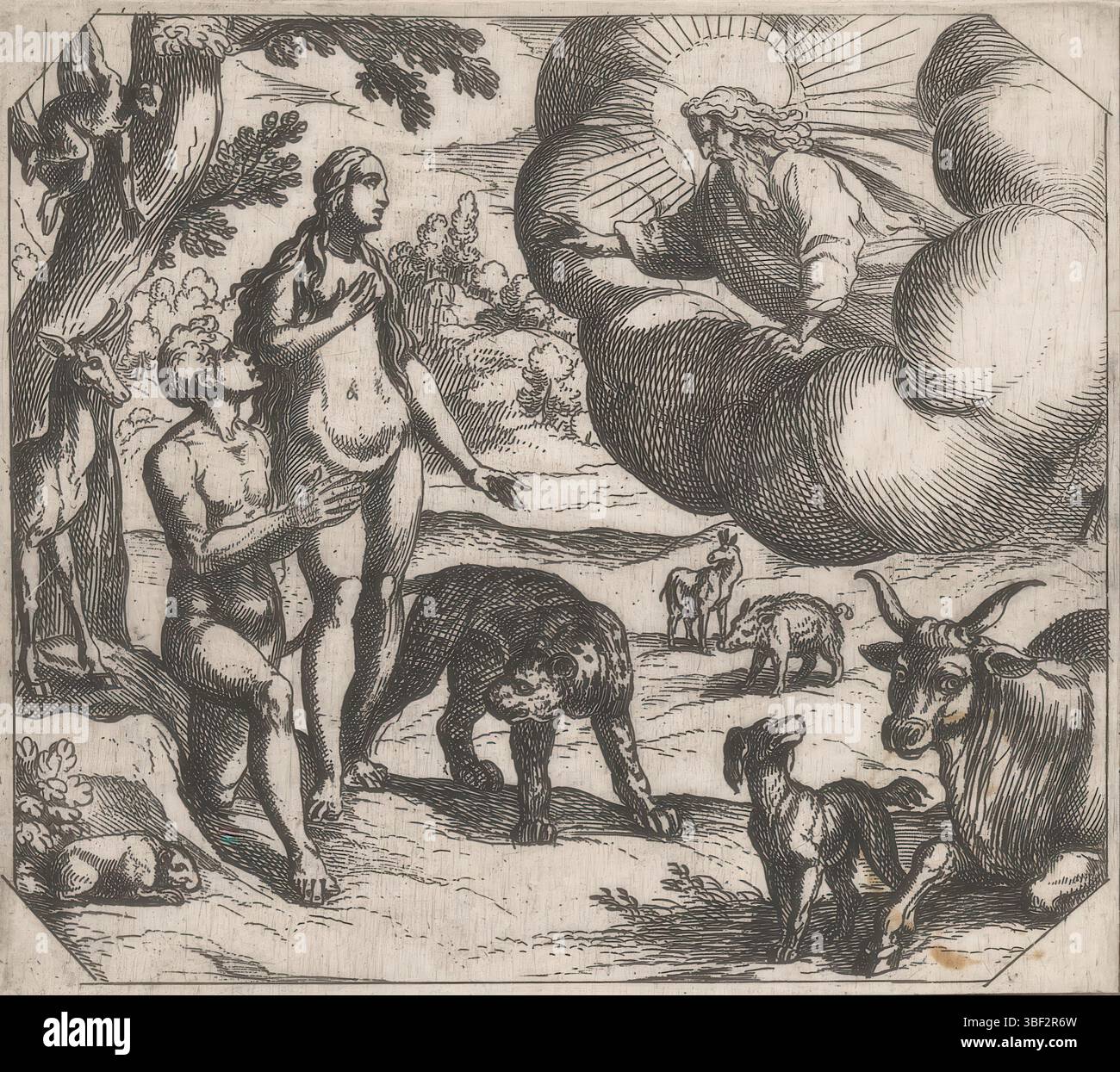 Vos, Maerten de, Bruyn, Nicolaes de, Vatican, Raphaël, Rome, Tempesta, Antonio, la création, Adam et Eve placés dans le jardin d'Eden, verso - estampillé, Dieu le Père place Adam et Eve dans le paradis entre les animaux., impression, hauteur 109 mm, largeur 123 mm, italien, 1555 - 1630-08-05, graveur, 1565 - 1630, papier, gravure, conception de travaux, 1483-04-07 - 1520-04-07, selon la conception, Sud des pays-Bas, 1571 - 1656-10, à imprimer, sud des pays-Bas, 1532 - 1603-12-04 Banque D'Images