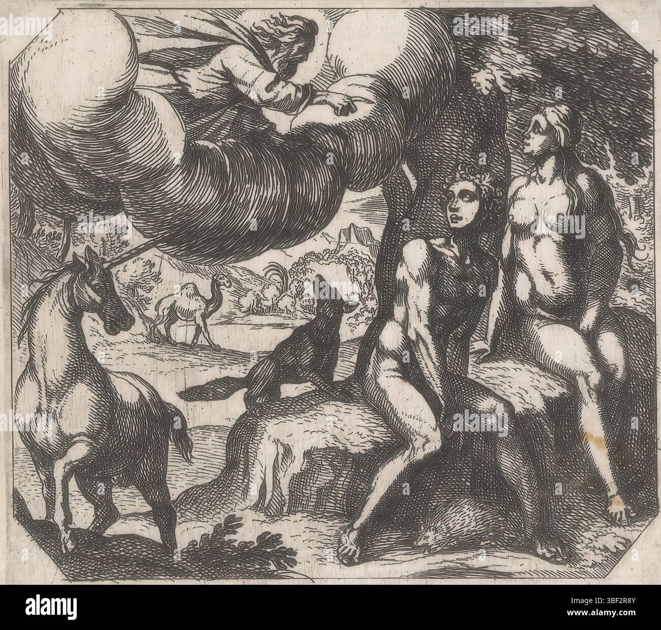 Fox, Maerten de, Bruyn, Nicolaes de, Vatican, Raphaël, Rome, Tempesta, Antonio, création, Dieu blâme Adam et Eve pour leur désobéissance, verso - estampillé, le mauvais Dieu le Père flotte sur les nuages à gauche. A droite Adam et Eve. Au premier plan a laissé une licorne., impression, hauteur 109 mm, largeur 122 mm, italien, 1555 - 1630-08-05, graveur, 1565 - 1630, papier, gravure, conception de travail, 1483-04-07 - 1520-04-07, après la conception de, concept de travail, néerlandais du Sud, 1571 - 1656-10, à imprimer, pays-Bas du Sud, 1532 - 1603-12-04 Banque D'Images