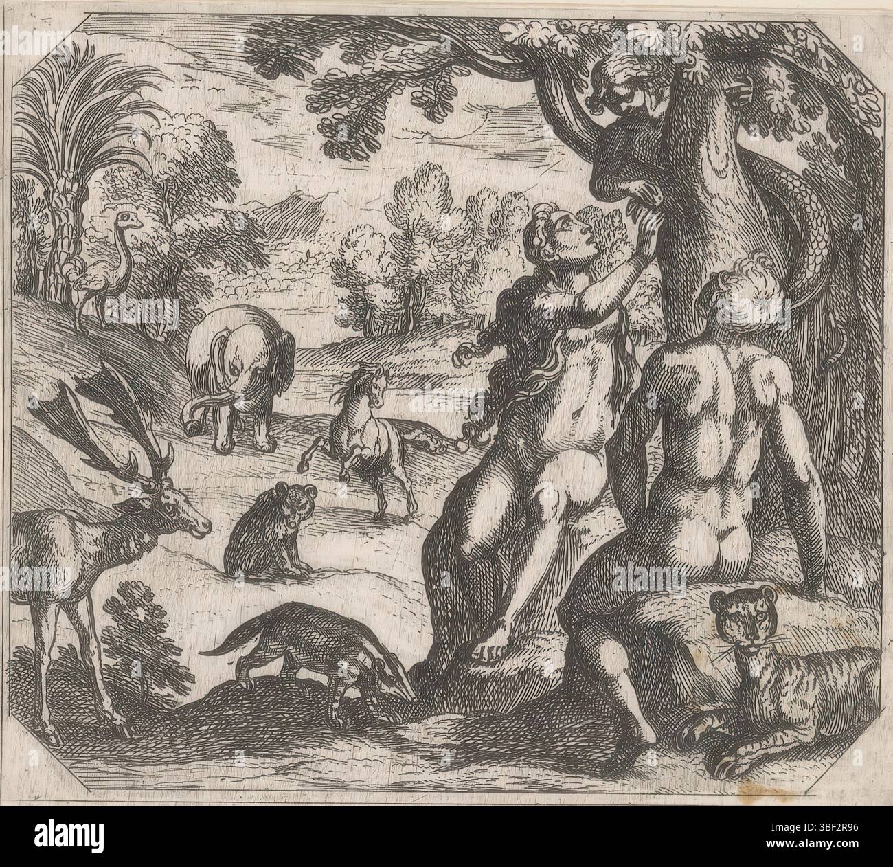 Fox, Maerten de, Bruyn, Nicolaes de, Vatican, Raphaël, Rome, Tempesta, Antonio, la création, la séduction d'Eve, verso - estampillé, Adam et Eve s'assoient près de l'arbre de la connaissance. EVA prend une pomme du serpent dans l'arbre., impression, hauteur 109 mm, largeur 123 mm, italien, 1555 - 1630-08-05, graveur, 1565 - 16300, papier, gravure, conception de travaux, 1483-04-07 - 1520-04-07, après conception par, Zuid-Nederlands, 1571 - 1656-10, après impression, 1532 - 1603-12-04 Banque D'Images