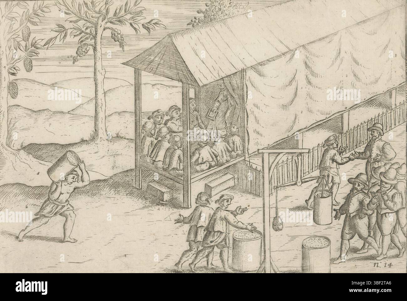 Noordelijke Nederlanden, logement van Van Warwyck en Van Heemskerck op Bandaneira, 1599, Northern Netherlands, 1599. Face à un bâtiment avec des murs de toile avec une échelle. Sur le sol des épices sont mis dans et quelques fûts avec le contenu, sur le balcon en face de la maison d'hôtes sont neuf personnes. Une partie des illustrations dans le rapport de voyage du second Schipvaart aux Indes orientales sous Jacob Cornelisz. Van Nes et Wijbrant van Warwyck en 1598-1600. No 14., estampe, Frederik Muller plaques historiques, hauteur 145 mm, largeur 215 mm, graveur, 1600 - 1601, premier quart du xviie siècle, papier, gravure, engra Banque D'Images