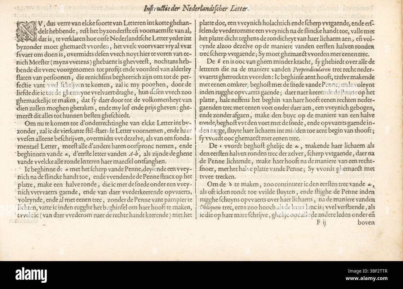 Rotterdam, Velde, Jan van de (I), Rotterdam, Spieghel der schrijfkonste, Fondation-Boeck, Onderrichtinghe der Nederlandtsche grote ende kleyne letteren, Instructie der Nederlandtscher letter, Instructie bij het schrijf van de Nederlandse letteren, Folio F2r met een instruction bij het schrijf van de Nederlandse letteren. Le texte commence par une petite initiale N. le magazine fait partie d'un album., feuille de texte, feuille d'album, impressions, hauteur 210 mm, largeur 315 mm, Noord-Nederlands, 1568 - 1623-09-10, écrivain, 1605 - 1605, papier, impression typographique, impression de livret, gravure sur bois, publication (événement), publication, Banque D'Images