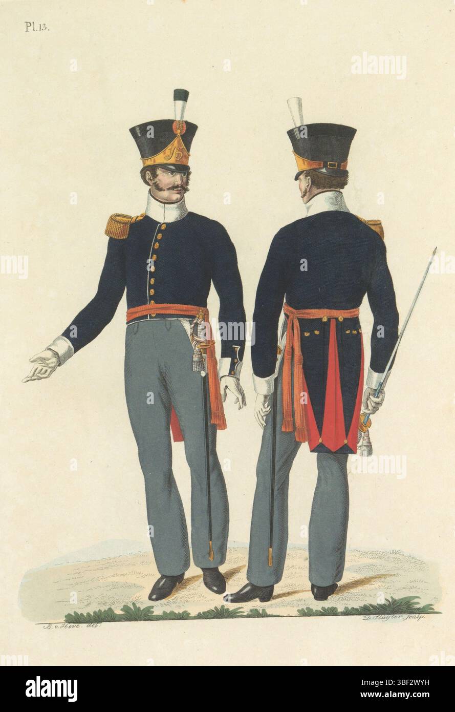 La Haye, Giunta d'Albani, Frères, Cleef, Frères de, Teupken, Jan Frederik, Hove, Bartholomeus Johannes van, Nederland, Sluyter, Dirk, capitaine des Flanqueurs, et Lieutenant, de l'infanterie nationale, la Haye, pays-Bas, capitaine néerlandais et lieutenant des flanqueurs du 15e régiment d'infanterie nationale, vu de l'avant et de l'arrière. Feuille 13. Performance uniforme dans 'Description of how the Royal Netherlands Troops' de J.F. Teupken, 1823., imprimé, livres, Frederik Muller Historyplaten, hauteur 300 mm, largeur 205 mm, Néerlandais, 1790-01-19 - 1852-06-17, graveur, 1823 - 1823 Banque D'Images