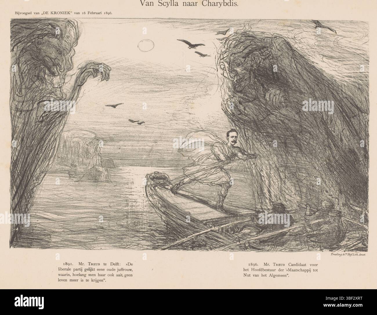 Amsterdam, Gogh, Cornelis Marinus van, Den Haag, Lankhout & Co Samuel, Nederland, Bauer, Marius, Van Scylla à Charybde, Amsterdam, la Haye, pays-Bas, Spotprent sur Mr. Treub qui envoie son navire en toute sécurité entre Scylla et Charybde, une imagination du difficile choix de Treub entre l'alderness et le professeur à Amsterdam. La légende fait référence à sa candidature à l'administration centrale de la Société en tant que Nut of General. Publié dans la pièce jointe de 'de Kroniek' du 16 février 1896., imprimé, dessin animé, estampes, hauteur 303 mm, largeur 406 mm, Néerlandais, 1867-01-25 - 1932-07-18, imprimeur, 1 Banque D'Images