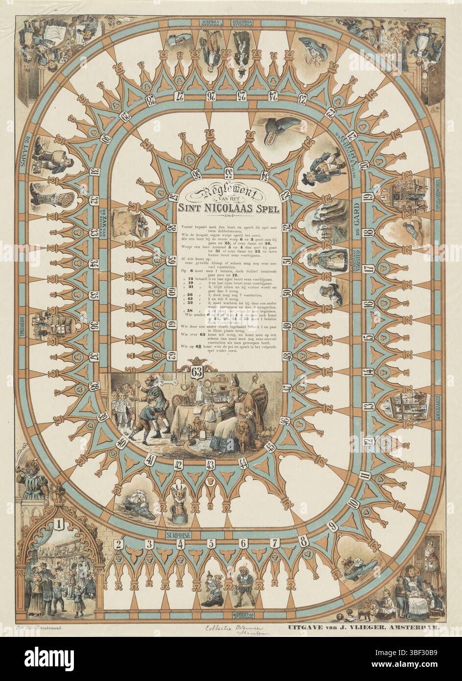 Albek, Barend Cornelius, Amsterdam, Braakensiek, Gebroeders, Vlieger, Jan, Sint-Nicolaas-Spel, Sint-Nicolaaspel, Saint Nicolas Game, recto milieu en bas - manuscrit à l'encre noire, jeu de potting en forme de spirale, avec des boîtes numérotées de 1 à 63. Par le numéro 63 : assis à une table cadeau, tandis que son serviteur ouvre la porte pour les enfants. Dans les quatre coins du jeu fritkaasterelen. Sur le milieu de terrain le titre et les règles., impression, impression folklorique, gameboard, playboard, impressions, impressions folkloriques, verso - estampillé, Collection Overmeer, Haarlem., hauteur 596 mm, largeur 440 mm, publication (événement), publication, 1844-11 Banque D'Images