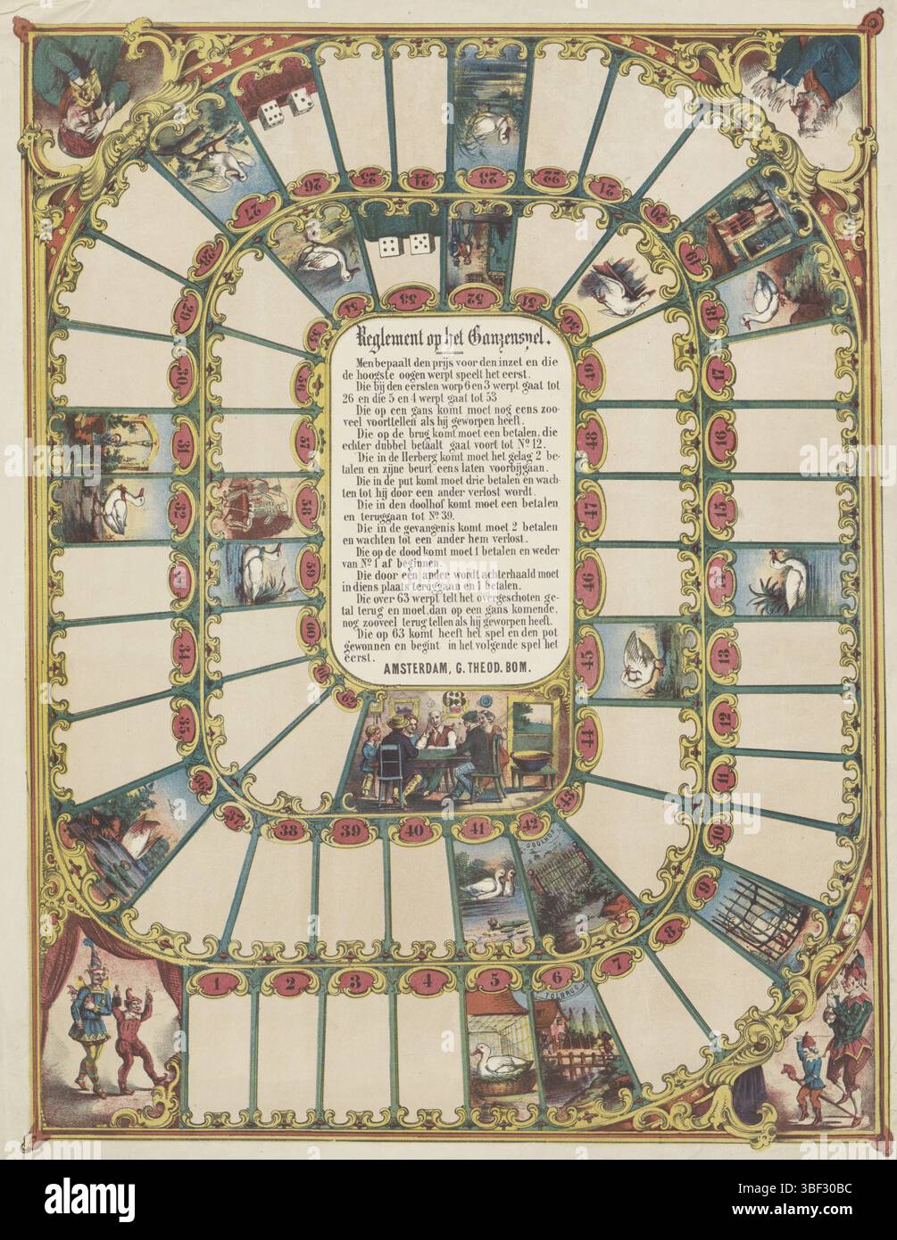 Amsterdam, BOM, G. Theod., Ganzenbordging, Amsterdam, verso - estampillé, jeu Ganzenbordging avec des boîtes en spirale, numérotées de 1 à 63. Sur le milieu de terrain les règles et une présentation d'un groupe de cinq adultes et un enfant à la table., impression, impression folklorique, jeu, planche de jeu, planche à papier, estampes, estampes folkloriques, hauteur 616 mm, largeur 478 mm, publication (événement), publication, éditeur, 1870 - 1870, papier, lithographie couleur (processus), imprimeur, imprimeur Banque D'Images