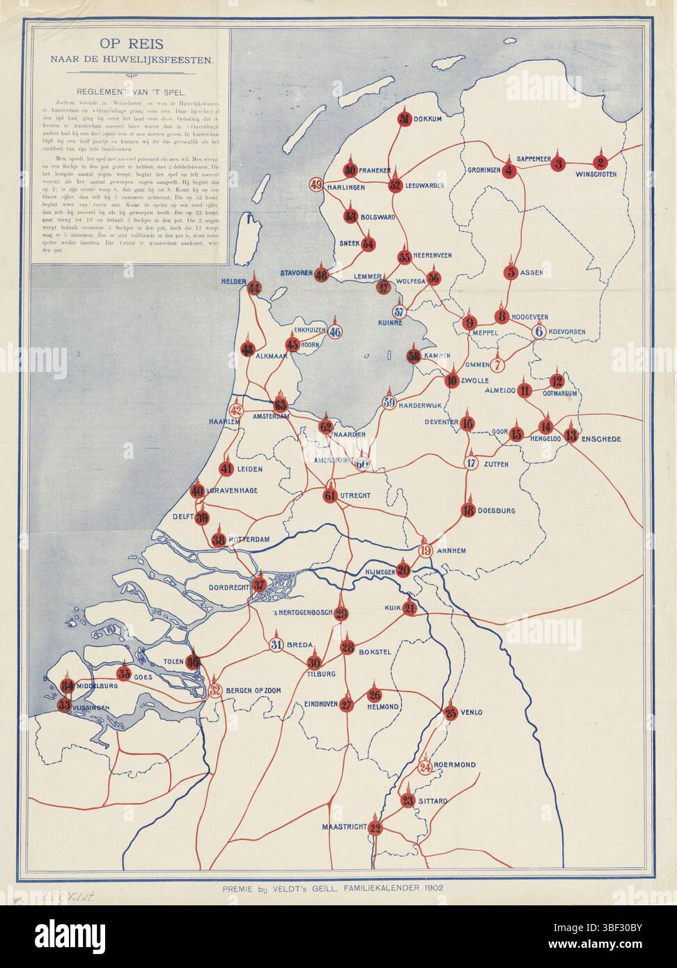 Pays-Bas, Veldt, C.L.G., voyager, aux fêtes de mariage, pays-Bas, verso - estampillé, Boardspel avec la carte des pays-Bas avec 63 numérotés avec des rondes et des noms de lieux. Titre en haut à gauche et règles dans bookprint., impression, impression folklorique, gameboard, playboard, estampes, estampes folkloriques, hauteur 626 mm, largeur 469 mm, publication (événement), publication, éditeur, 1902 - 1902, papier, lithographie couleur (procédé), impression typographique, livret Banque D'Images