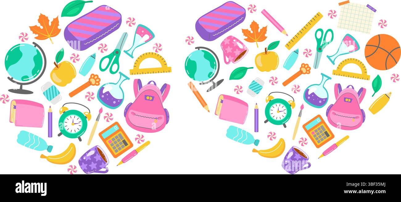 Illustration colorée et ludique sur le thème de la rentrée scolaire avec papeterie, collations et outils éducatifs, parfait pour les conceptions de classe ou Illustration de Vecteur