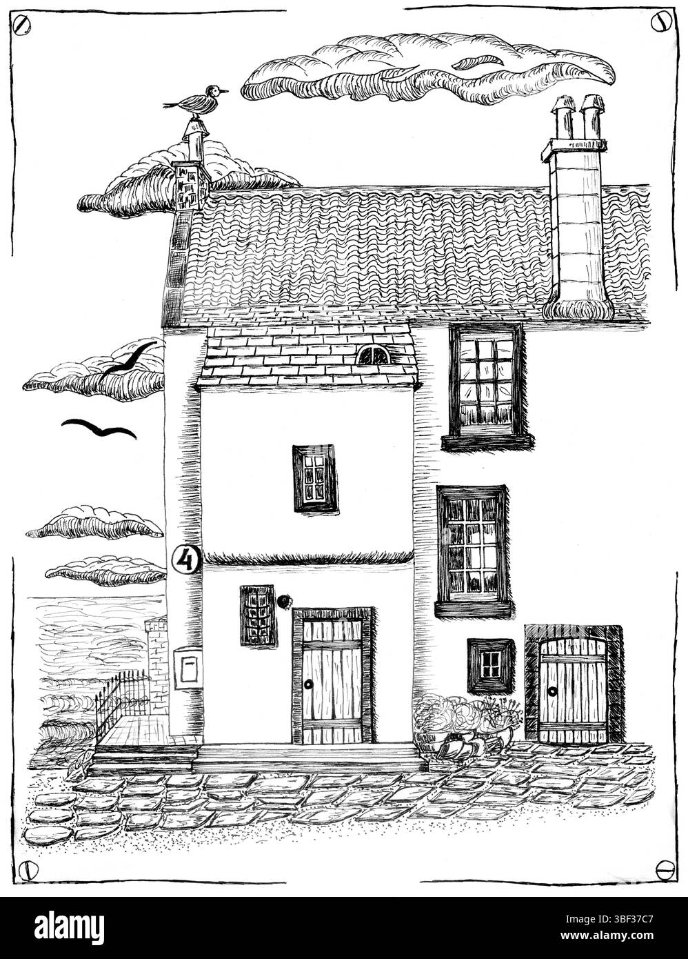 Chalet anglais dessiné à la main avec toit en tuiles, cheminée, fenêtres et rue pavée dans le style d'illustration à l'encre noire vintage Banque D'Images