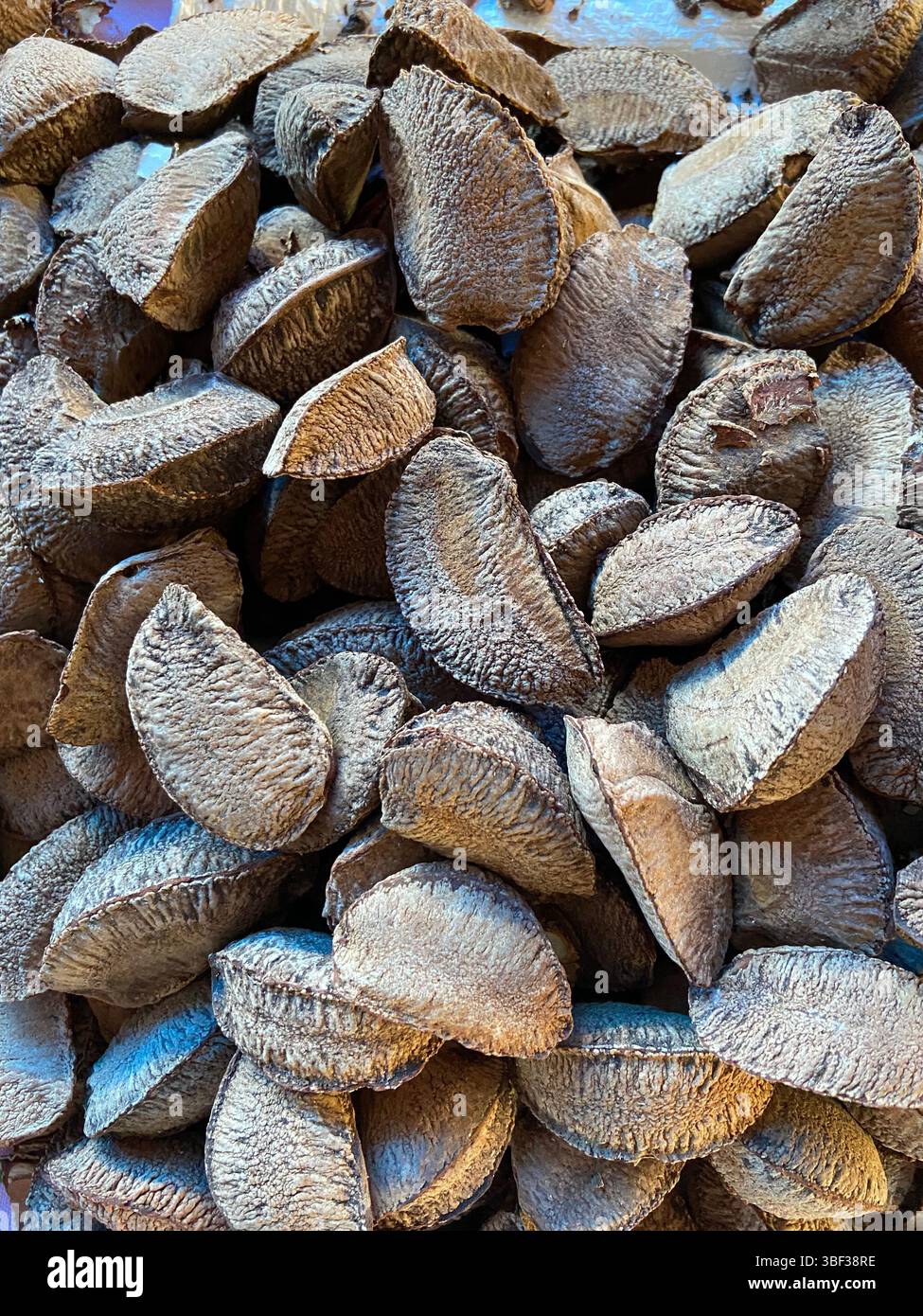 Noix du Brésil en coquille exposées sur un marché de Santarém, Brésil — riches en saveur et en nutriments, provenant directement de la forêt amazonienne. Banque D'Images