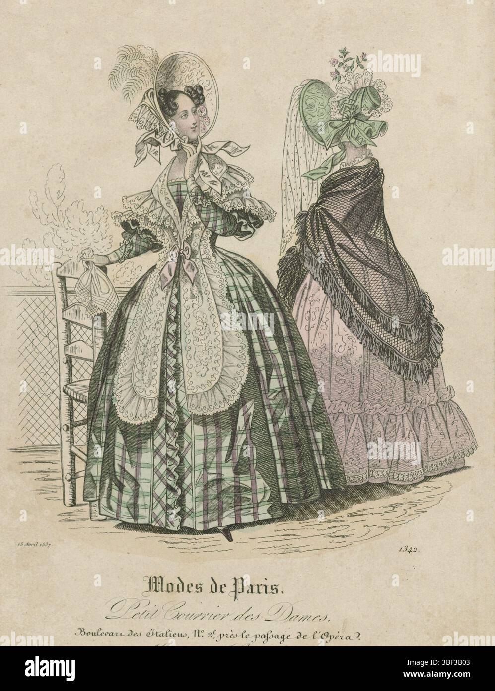 London, S & J Fuller, petit courrier des Dames, 15 avril 1837, No. 1342 : modes de Longchamp, Londres, au milieu de la marge - gravé, chapeau de moiré (côté ?) Des boutiques de Thomas. 'Mantelet' par mousseline des boutiques de Payan. Foulard de filet de soie fait à la main par le coéquipier. Japon de foulard à carreaux scotch et jaconas imprimés des boutiques de Caravane mm, exécutés à la manière de Camille. Tirage tiré du magazine de mode petit courrier des Dames (1821-1868). Mm, impression de mode, estampes, costumes et impressions de mode, modes de Paris., Boulevard des Italys, No. 2l, près le passage de l'Opéra., Mo Banque D'Images