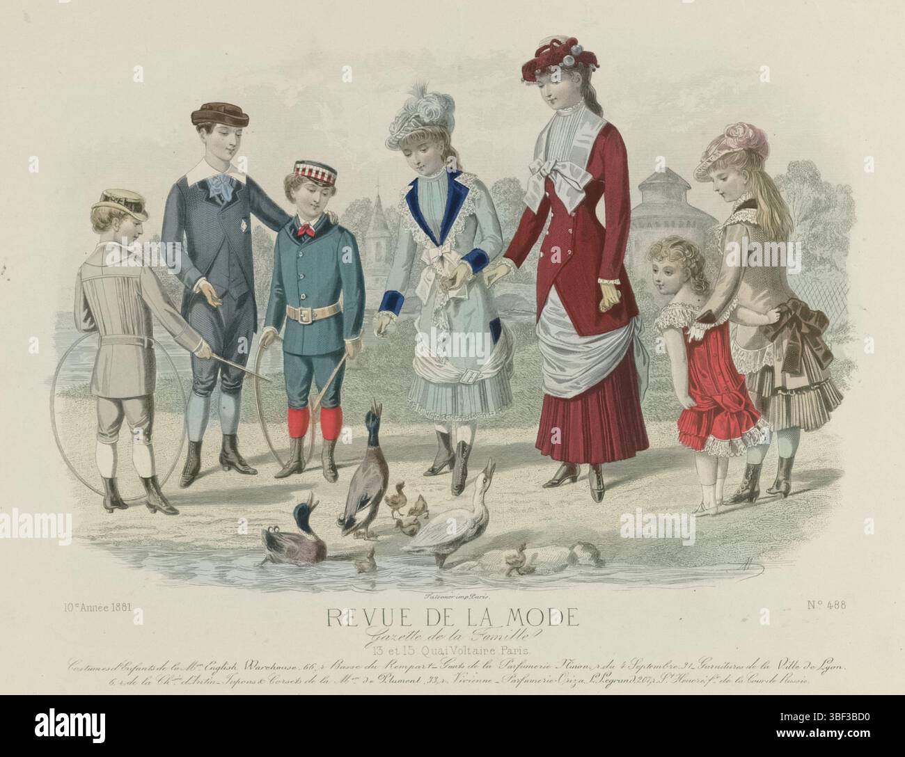 Paris, Falconer, revue de la mode, Gazette de la famille, dimanche 8 mai 1881, 10e année, N° 488 : costumes d'enfants, Paris, au milieu - gravé, sept costumes différents pour garçons et filles, selon la légende de l'entrepôt anglais. De gauche à droite (1 à 7) : 1. Costume pour un garçon de sept ans, composé d'un pantalon et d'un chemisier. Chapeau de paille décoré d'un ruban. 2. Costume de drap bleu pour un garçon de 12 ans. 3. Costume de feuille verte pour un garçon de huit ans. Ceinture en cuir jaune. Casquette verte avec bande écossaise à carreaux. 4. 'Toilette' pour une fille de 11-12 ans ol Banque D'Images