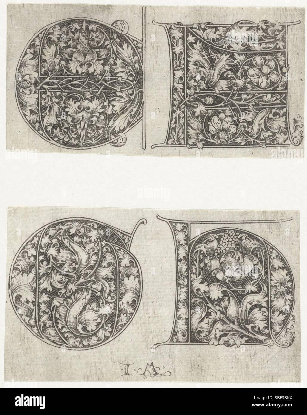 Bocholt (Allemagne), Meckenem, Israël of, Alphabet en capitales, capitales E, F, G et H, verso en bas à gauche - estampillé, G et H, orné de branches de feuilles. Le E et le F sont sur une bande de papier, le G et le H sur une deuxième bande de papier, mais ils se tenaient à l'origine sur une feuille avec quatre. Cette impression fait partie d'une série de six feuilles avec quatre majuscules chacune., impression, impressions d'ornement, impressions, hauteur 59 mm, largeur 114 mm, hauteur 66 mm, largeur 113 mm, allemand, 1440 - 1517, imprimeur, 1455 - 1503, troisième quart xve siècle, quatrième quart xve siècle, premier quart xvie siècle, papier, gravure, engr Banque D'Images