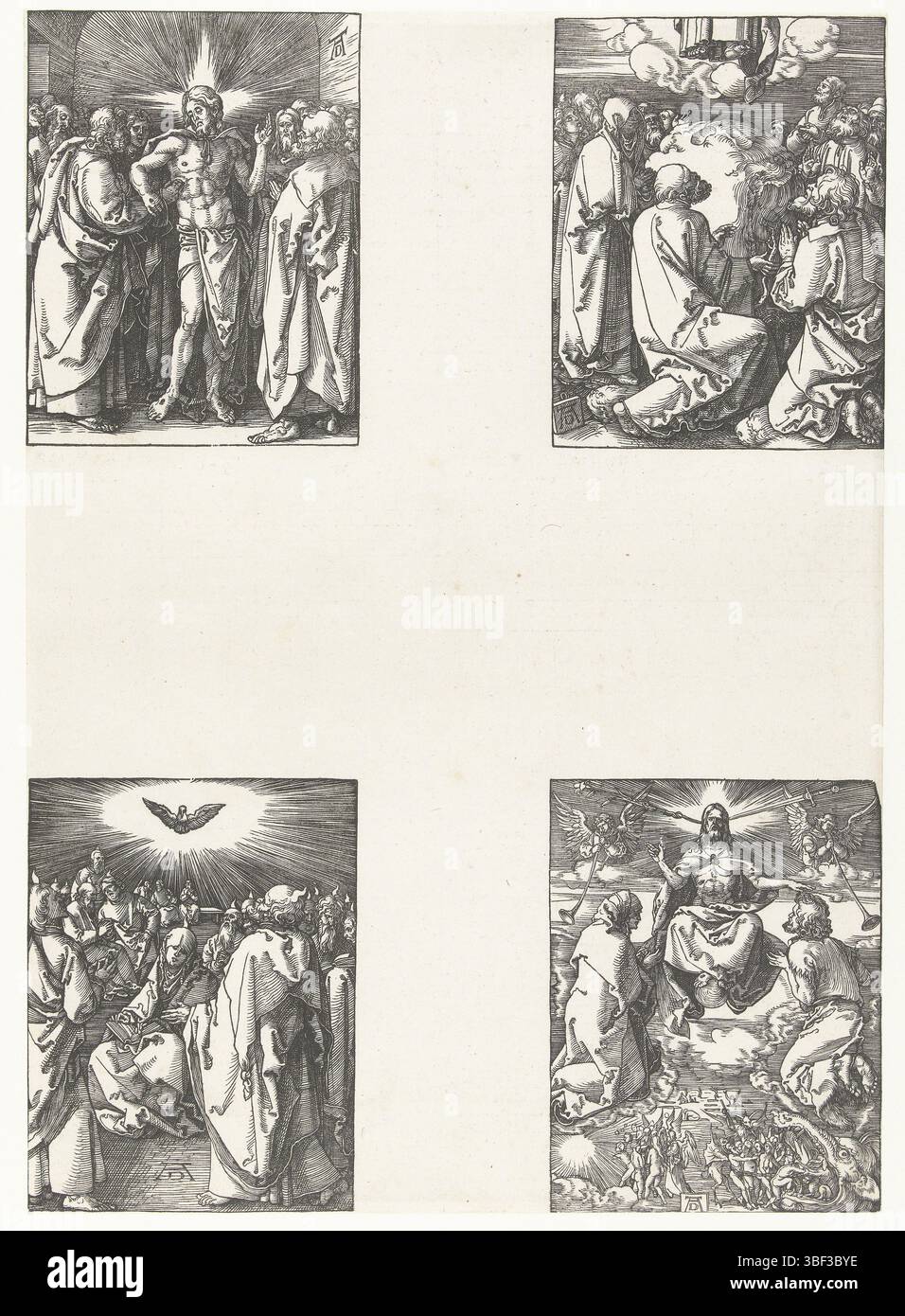 Nuremberg, Dürer, Albrecht, la petite passion, Infidel Tomas, jour de l'ascension, Pentecôte, jugement dernier, la neuvième série de quatre scènes de la série 'de kleine passive', ici non découpée avec 4 images sur 1 feuille. En haut à gauche : le disciple Tomas sent sur le côté la blessure du Christ, entouré des autres disciples. En haut à droite : le Christ monte au ciel en présence de ses disciples et de sa mère. En bas à gauche : le Saint-esprit descend sur les apôtres et Marie sous la forme d'une colombe. En bas à droite : Christ comme droit dans le ciel pendant le jugement dernier, avec Marie à sa droite et Jean Baptiste à sa gauche. Banque D'Images