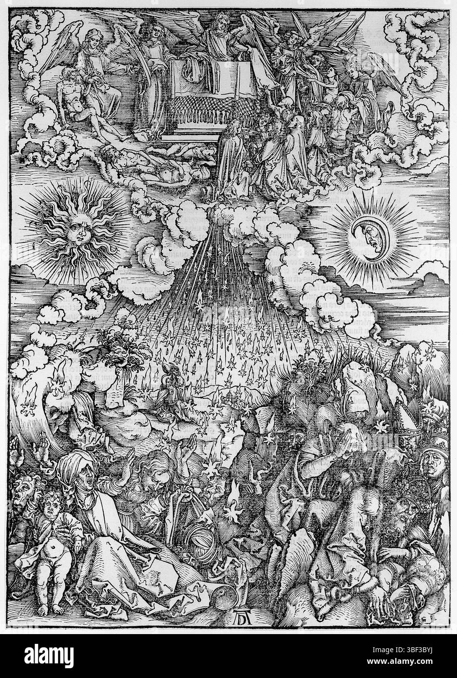 Nuremberg, Dürer, Albrecht, ouvrant le cinquième et le sixième sceau, verset laissé sous - estampillé, les anges distribuent des vêtements aux âmes des martyrs sous l'autel. Sous elle le soleil et la lune, et les étoiles qui tombent sur la terre - pape, empereur et hommes ordinaires, femmes et enfants plongant dans la panique. Sur versoside texte de la Bible latine en écriture gothique en deux colonnes., impression, hauteur 391 mm, largeur 282 mm, allemand, 1471-05-24 - 1528-04-05, imprimeur, 1497 - 1498, quatrième quart 15e siècle, premier quart 16e siècle, papier, gravure sur bois, typographie, livret Banque D'Images