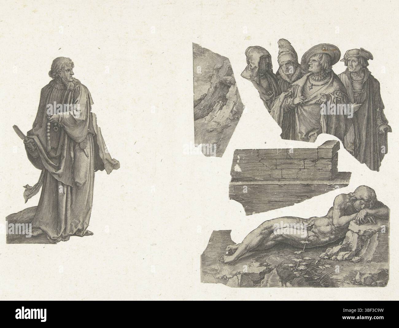 Leyden, Lucas van, Nederlanden, Leyden, partie d'une feuille composite, Liegende Adam, un fragment de cinq sur la feuille. Sleeping Adam, de 'la création d'Eve', coupé le long du contour., impression, fragment, impressions, hauteur 63 mm, largeur 117 mm, North-Nederlands, 1494-06 - 1533-08, graveur, 1529 - 1529, deuxième quart xvie siècle, xviie siècle, papier, gravure, gravure (procédé d'impression), conception de travail, nord-néerlandais, selon la conception propre de, 1600 - 1699 Banque D'Images