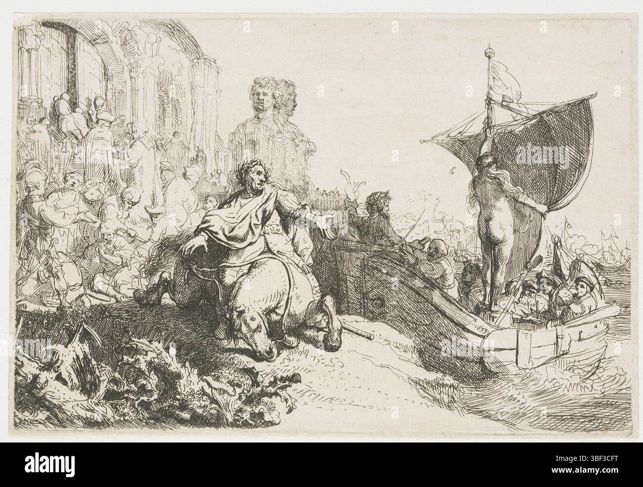 Rhin, Rembrandt van, Rhin, le navire de Fortuna : la fermeture du temple Janus après la défaite de Marc Antonius à Actium, verso gauche en bas - estampillé, impression, Rembrandt F. 1633, droite en bas, hauteur 112 mm, largeur 166 mm, North-Nederlands, 1606-07-15 - 1669-10-08, graveur, 1633 - 1633, deuxième quart XVIIe siècle, papier, gravure, conception d'œuvres, Noord-Nederlands, après sa propre conception Banque D'Images