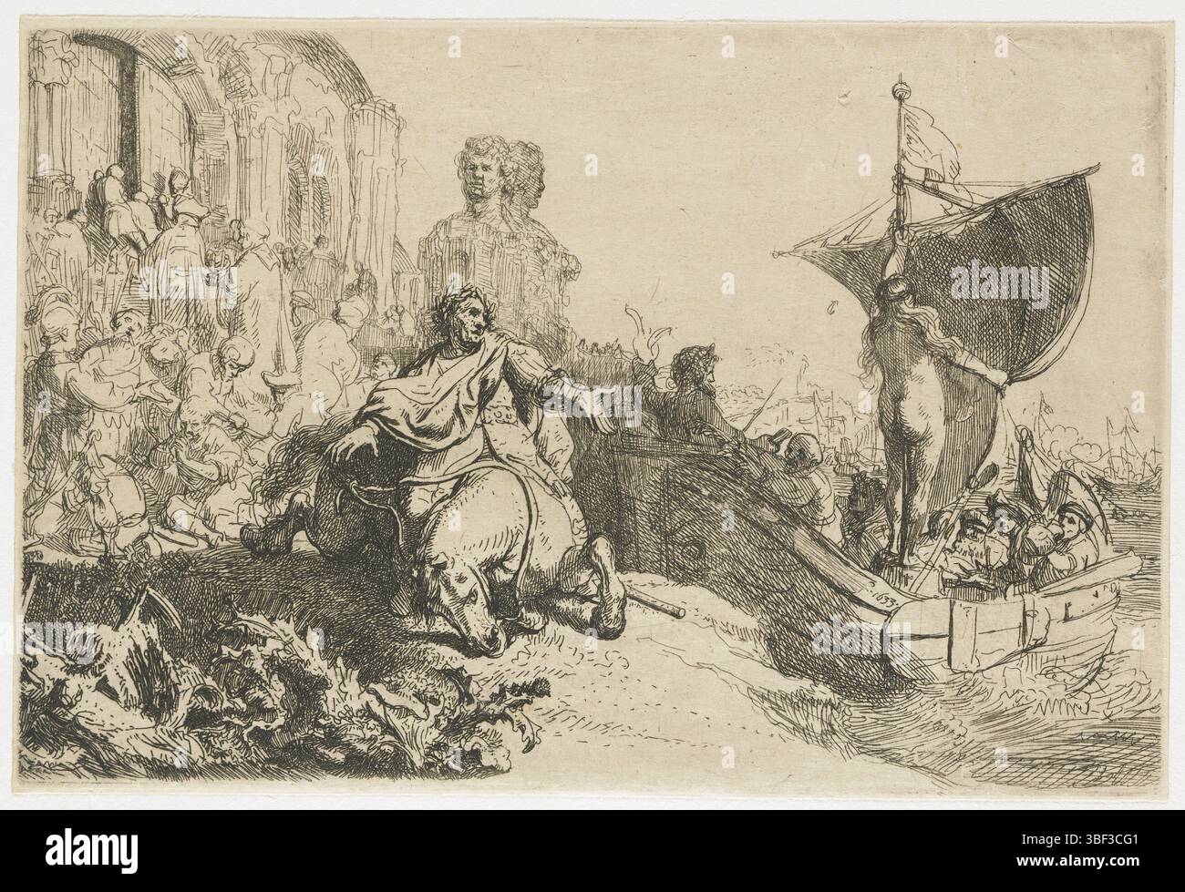 Rhin, Rembrandt van, Rhin, le navire de Fortuna : la fermeture du temple Janus après la défaite de Marc Antonius à Actium, verso gauche en bas - estampillé, impression, Rembrandt F. 1633, droite en bas, hauteur 111 mm, largeur 165 mm, North-Nederlands, 1606-07-15 - 1669-10-08, graveur, 1633 - 1633, deuxième quart 17ème siècle, papier oriental, gravure, conception de travail, après propre conception de Banque D'Images