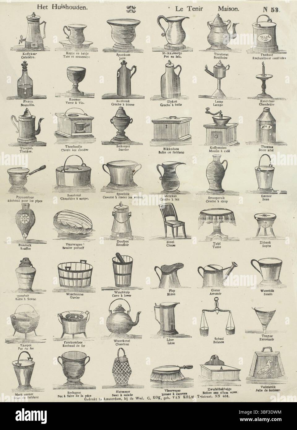 Pays-Bas, Amsterdam, Kok-van Kolm, veuve C., Het Household, le tenir maison, pays-Bas, verso - estampillé, feuille avec 48 images d'objets, y compris un pot à lait, un moulin à café, un arroseur et une balance. Sous chaque image une légende en néerlandais et en français. Numéroté en haut à droite : n 53., impression, impressions folkloriques, impressions, hauteur 394 mm, largeur 312 mm, publication (événement), publication, Néerlandais, éditeur, 1842 - 1866, papier, gravure sur bois, typographie, livret, imprimeur, imprimeur Banque D'Images