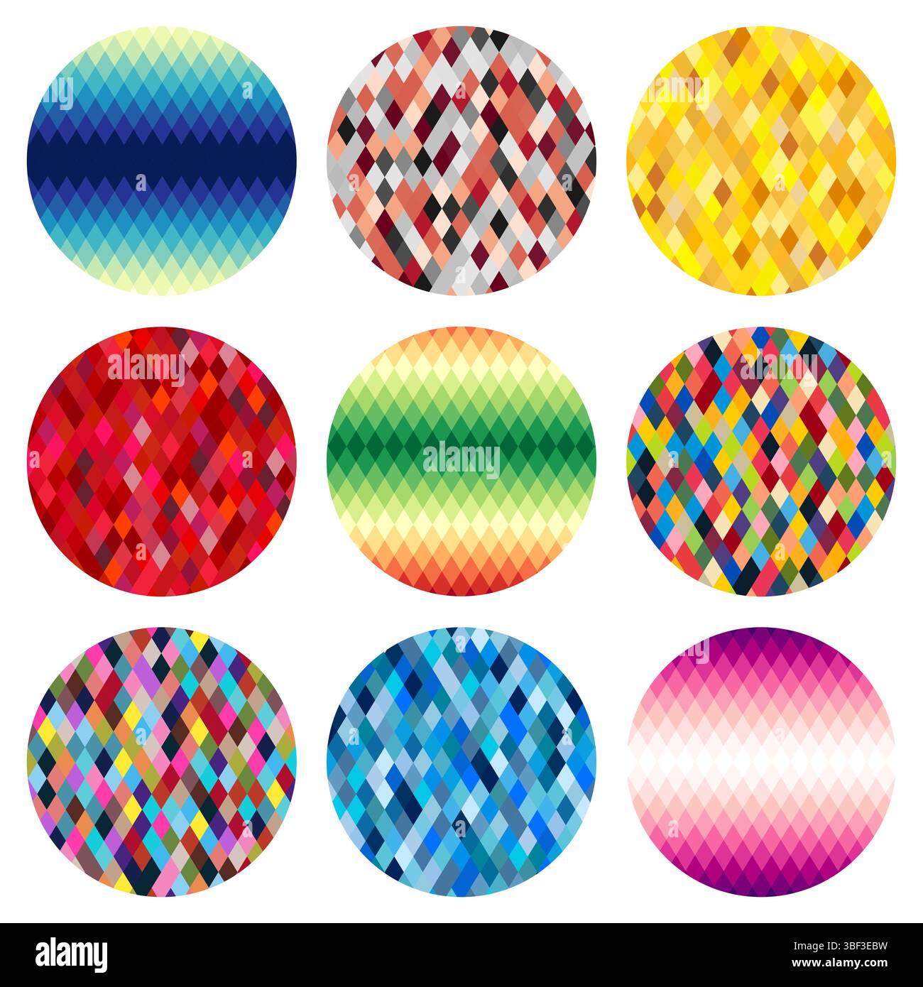 Ensemble de neuf cercles colorés de losanges isolés sur fond blanc. Arrière-plan vectoriel abstrait. Illustration de Vecteur