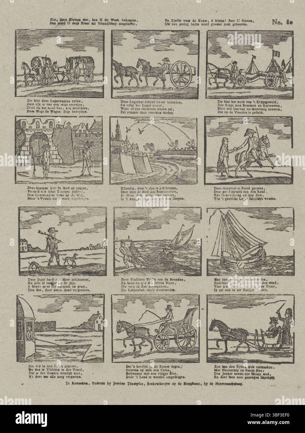 Pays-Bas, Rotterdam, Thompson, Jacobus, See, chers petits voyez, vous pouvez charmer ce travail, alors vous serez orné de cette impression par amitié, l'amour de l'art, oh petit ! Vous êtes propre, à partir d'un petit début plus grande entreprise est ennuyé, pays-Bas, verso - estampillé, feuille avec 12 représentations de scènes militaires et nationales. Sous chaque image un verset de quatre lignes. Numéroté en haut à droite : No. 80., impression, impression folklorique, impressions, impressions folkloriques, hauteur 405 mm, largeur 340 mm, publication (événement), publication, Néerlandais, éditeur, 1791 - 1812, papier, gravure sur bois, typographie, bookprint, print Banque D'Images