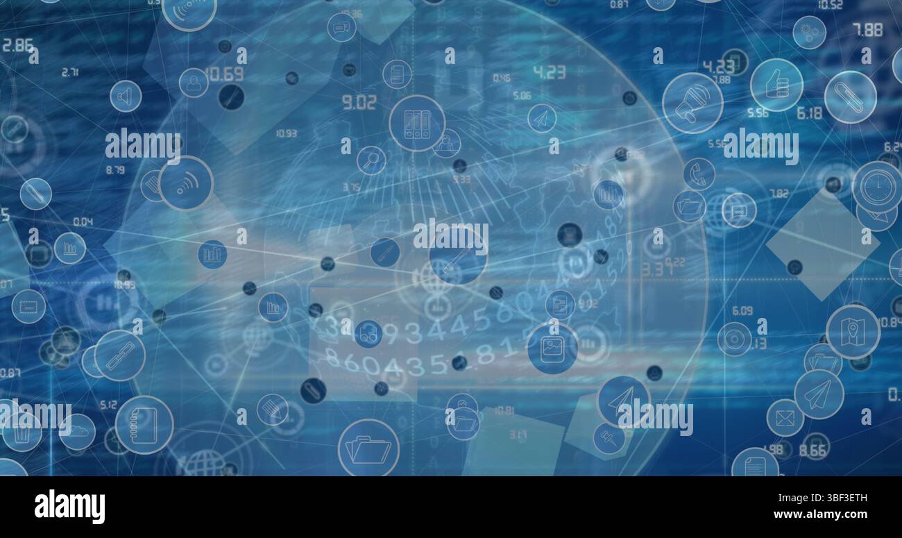 Image d'un réseau de connexions avec des icônes sur le globe Banque D'Images