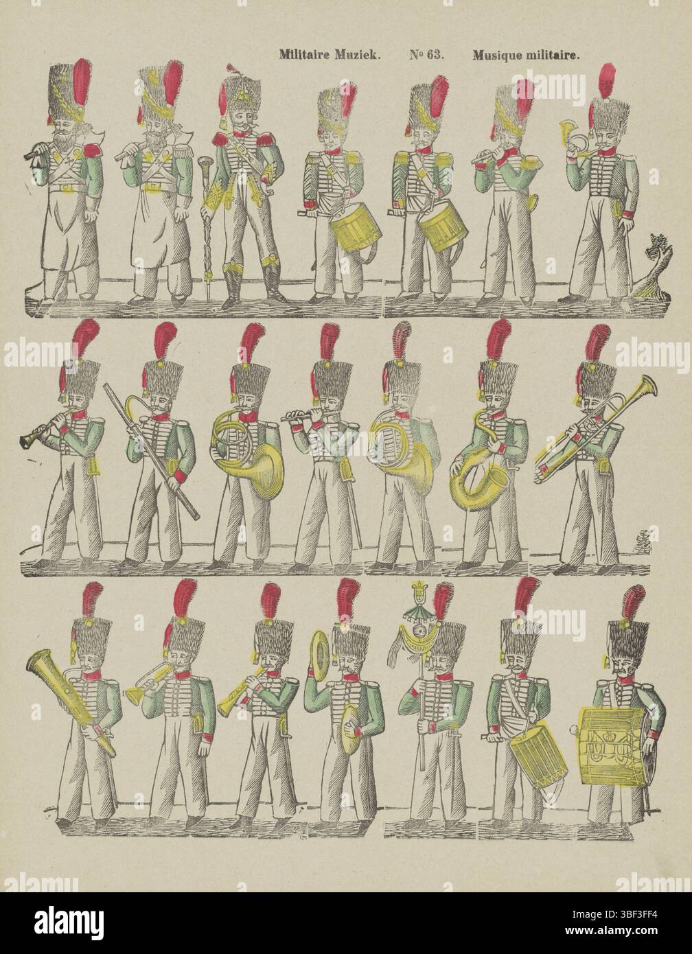 Europe, Turnhout, Beersmaens, Franciscus Antonius, musique militaire, musique militaire, Europe, verso - estampillé, feuille avec trois rangées horizontales avec 7 représentations de chacun des musiciens militaires. Haut du milieu numéroté : no 63., impression, impressions folkloriques, impressions, hauteur 427 mm, largeur 329 mm, publication (événement), publication, 1840-06-14 - 1897-01-25, éditeur, 1866 - 1902, papier, gravure sur bois, couleurs, typographie, bookprint, imprimeur, imprimeur Banque D'Images