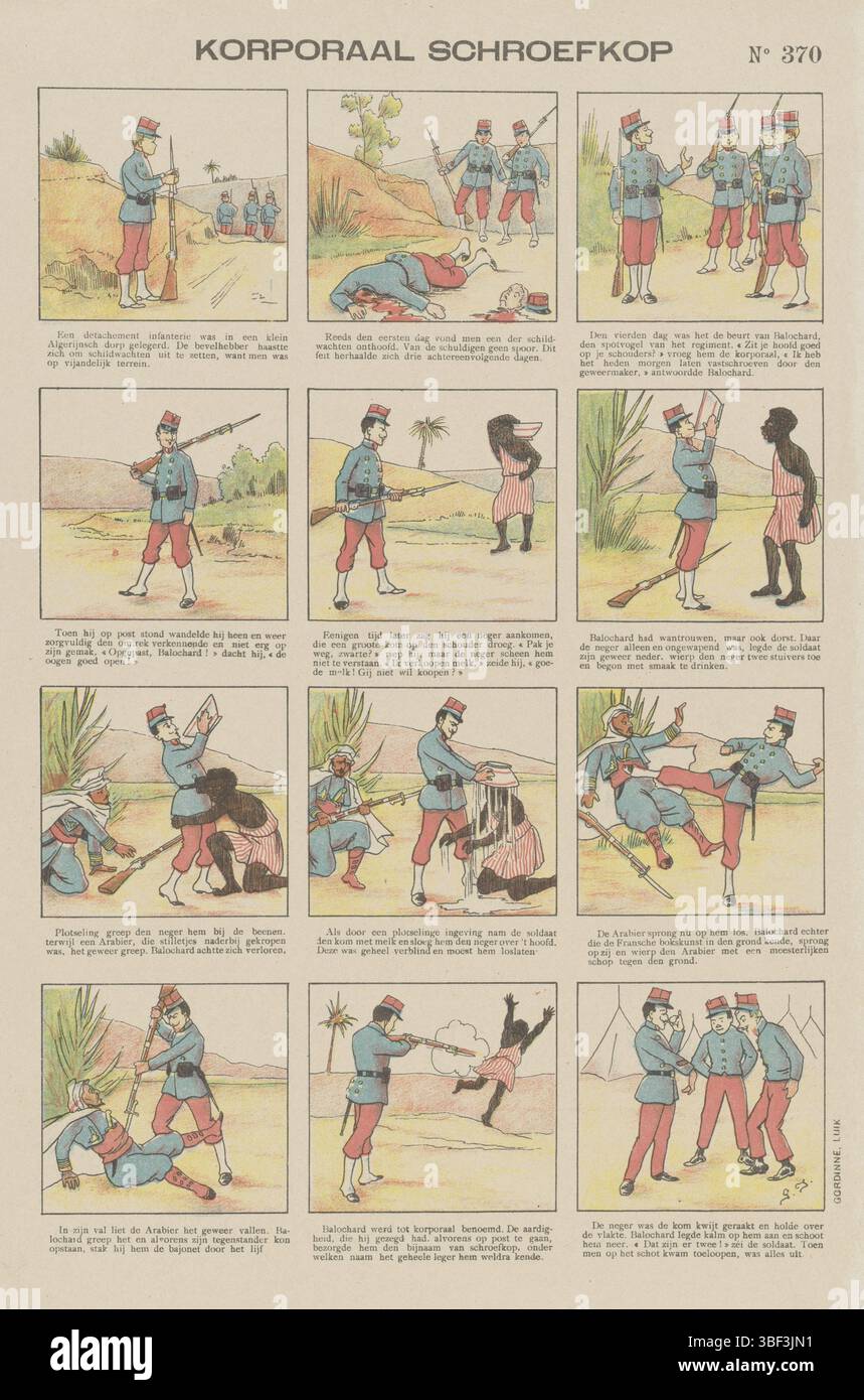 Liège, Gordinne, Monogrammist G.J., Caporal Screwhead, estampillé verso, feuille avec 12 représentations sur Balochard, le ridicule du régiment, qui survit à la ruse de l'homme noir et de l'arabe. Sous chaque image une légende. Numéroté en haut à droite : no 370., impression, impression folklorique, impressions folkloriques, impressions, hauteur 400 mm, largeur 268 mm, imprimeur, 1894 - 1959, papier, lithographie couleur (procédé), typographie, impression de livres, publication (événement), publication, éditeur Banque D'Images