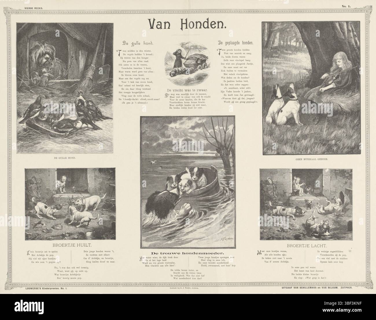Arnhem, Thieme, Gerrit Jan, Zutphen, Schillemans & Van Belkum, Louwerse, Piet, onbekend, Lydon, Alexander Francis, Monogrammiste WHO (XIXe siècle), Giacomelli, Hector, Berveiller, quatrième série, gravures pour enfants de Louwerse, Van dogen, Arnhem, inconnu, verso - estampillé, feuille avec 6 performances de chiens. Entre les images fraîchement imprimées. Numérotés en haut à droite et en bas à gauche : No. 1., impression, impression folklorique, impressions folkloriques, hauteur 430 mm, largeur 550 mm, fabricant, 1905 - 1924, papier, gravure sur bois, bloc d'impression, cliché, impression typographique, impression de livre, 1822-04-01 - 1904-12-01, 1836 - 1917, publ Banque D'Images