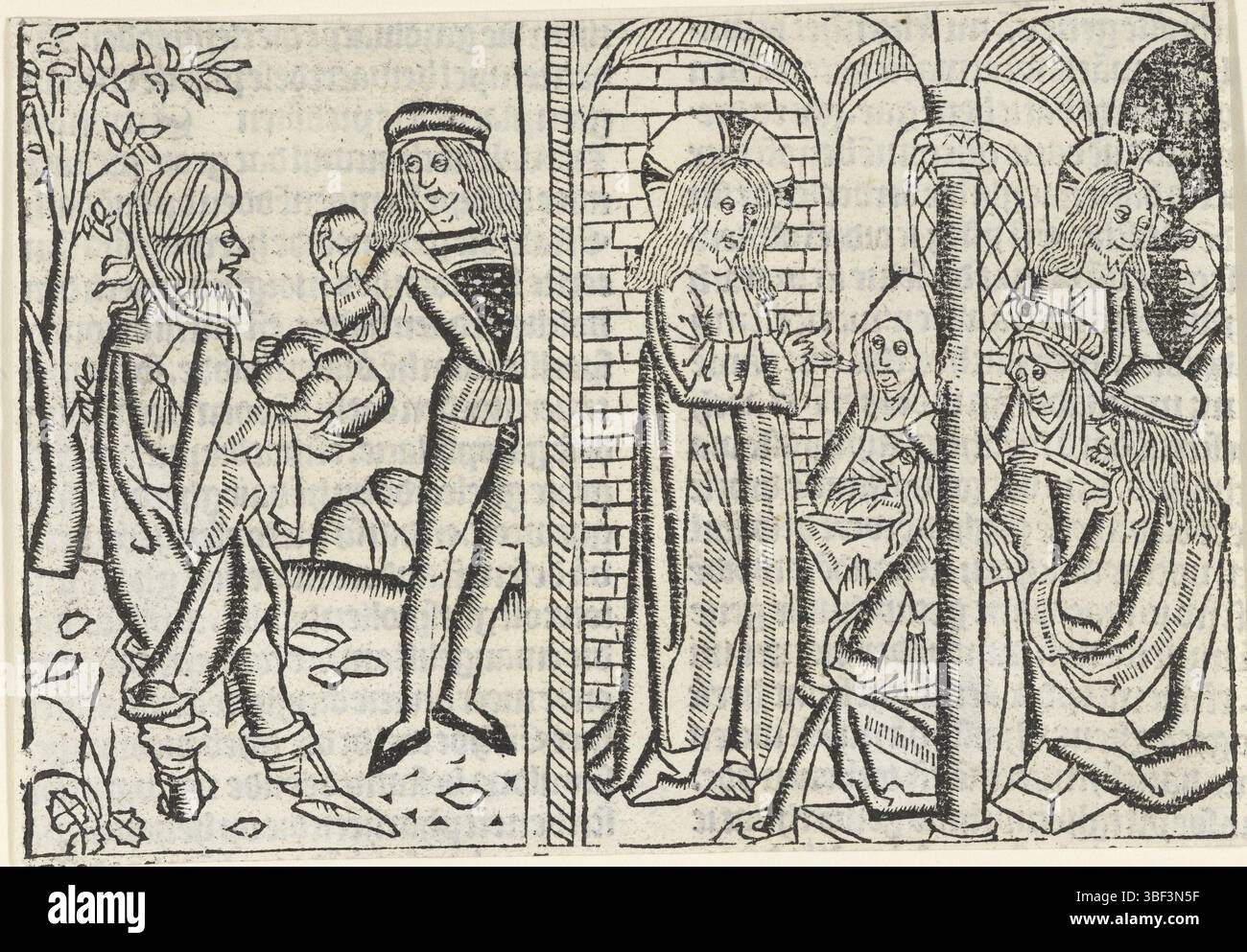 Les pays-Bas, Maître de la Vierge inter Virgines, les pays-Bas, Maître de la Delbecq-Schreiber-Passie, Maître de Delft, les Pharisiens veulent lapider le Christ, trois scènes. Gauche : deux Juifs ramassent des pierres. Droite : Christ parle dans le temple contre le groupe de personnes et Christ parle avec une seule personne., impression, illustration de livre, estampes, hauteur 98 mm, largeur 140 mm, Nord-néerlandais, inconnu, 1480 - 1500, quatrième quart 15ème siècle, premier quart 16ème siècle, papier, gravure sur bois, Sud-néerlandais, inconnu Banque D'Images