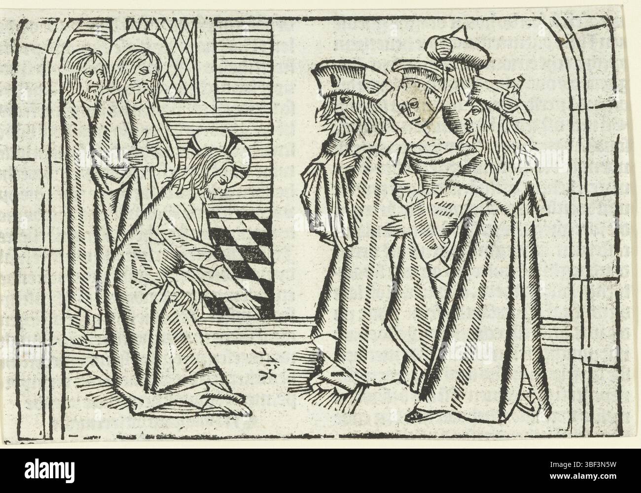 Les pays-Bas, Maître de la Vierge entre vierges, les pays-Bas, Maître de la Delbecq-Schreiber-Passie, Maître de Delft, Christ et la femme adultère, le Christ écrit avec le doigt sur le sol. Deux disciples à côté de lui. Trois pharisiens tiennent des femmes adultères., impression, illustration de livre, estampes, hauteur 98 mm, largeur 142 mm, Nord-néerlandais, inconnu, 1480 - 1500, quatrième quart 15e siècle, premier quart 16e siècle, papier, gravure sur bois, sud des pays-Bas, nord des pays-Bas, inconnu Banque D'Images