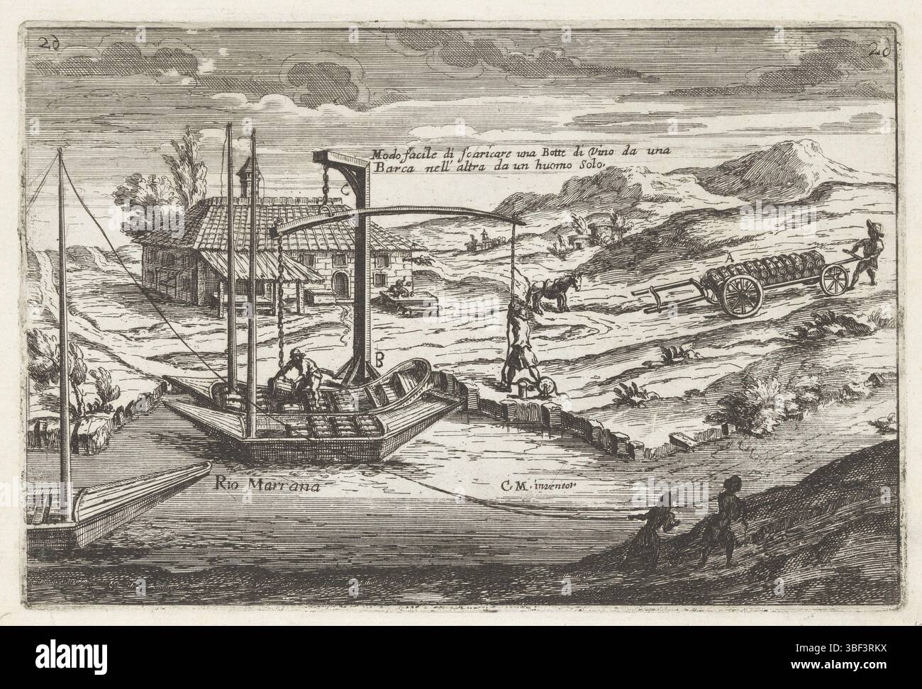 Rome, Komarek, Giovanni Giacomo, Italie, Meijer, Cornelis, L'Arte di rentere i fiumi navigabili, in varij modes, con altre nuove inventioni, e varij altri segreti, Laagplaek bij River, Rome, estampillé, les hommes chargent des fûts de vin à bord de petits bateaux amarrés, en utilisant un système de levage. Numérotés en haut à gauche et en haut à droite : 26., impression, hauteur 145 mm, largeur 220 mm, imprimeur, 1677 - 1677, papier, gravure, conception d'œuvres, 1629 - 1701-08-23, After design of, 1683 - 1683, publication (événement), publication, 1650 - 1705, editeur, 1696 - 1696 Banque D'Images