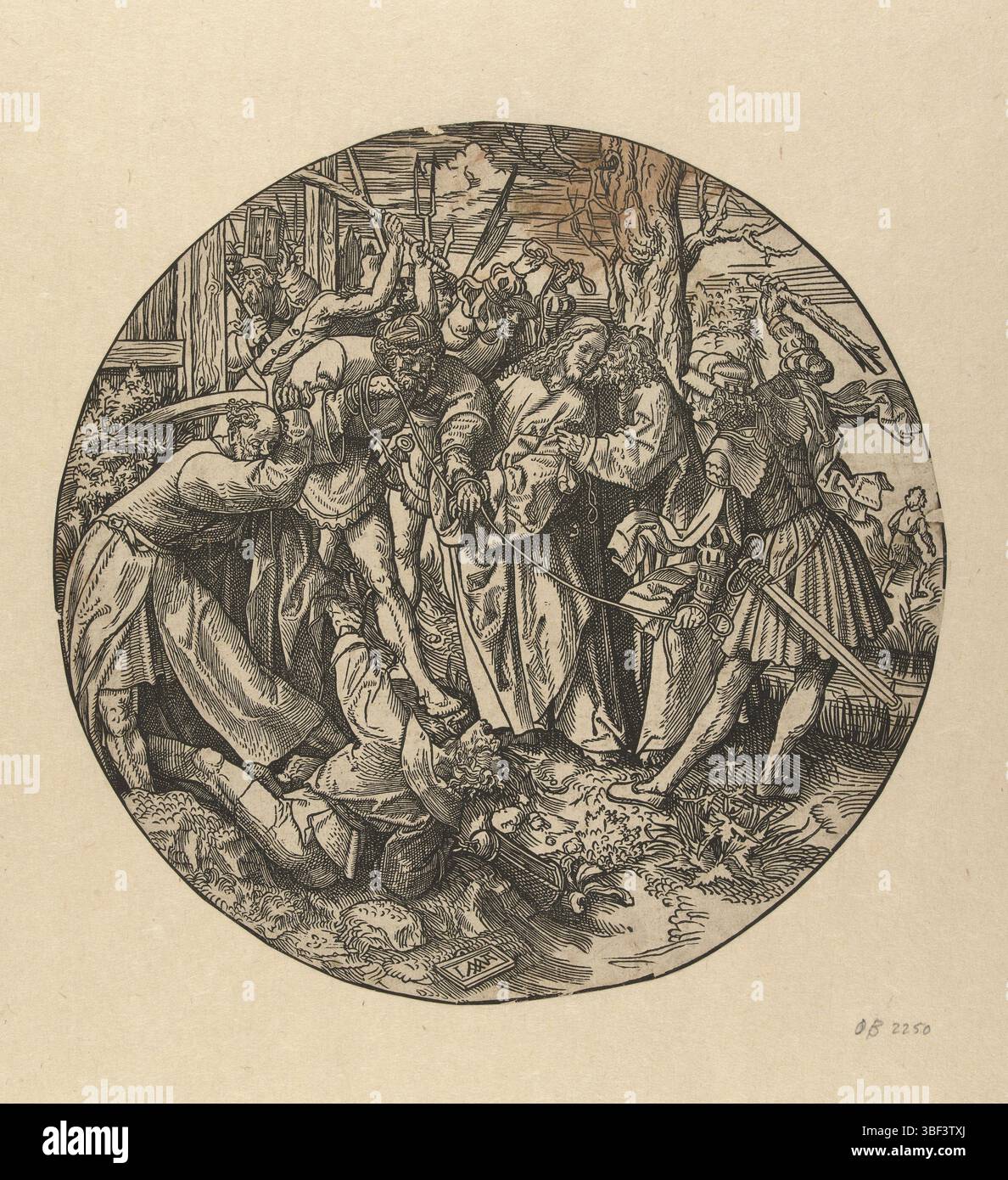 Pays-Bas, Cornelisz. Van Oostsanen, Jacob, de ronde Passie, de Judaskus, Cornelisz van Oostsanen, D'une série de douze tirages. Découpe du cadre. Judas embrasse Christ menotté par des soldats. Pierre avec épée relevée, attaque Malchus., impression, diamètre 233 mm, pays-Bas du Nord, 1475 - 1533, graveur, 1517 - 1533, premier quart 16ème siècle, papier, gravure sur bois Banque D'Images