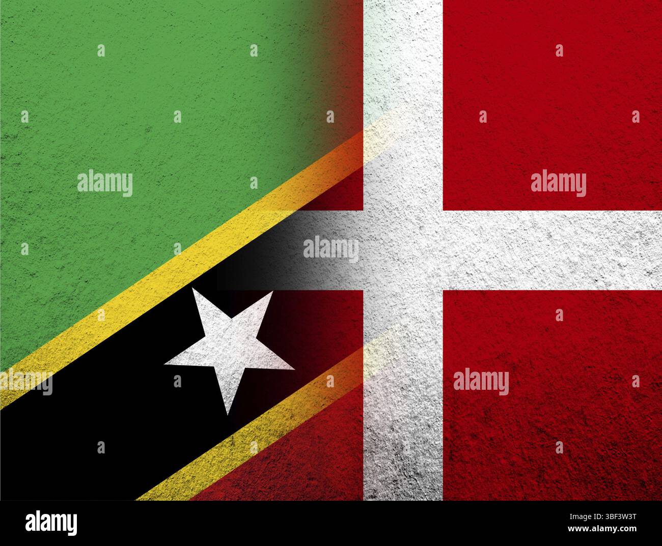 Le Royaume du Danemark drapeau national avec le drapeau national de Saint-Kitts-et-Nevis. Grunge l'arrière-plan Banque D'Images