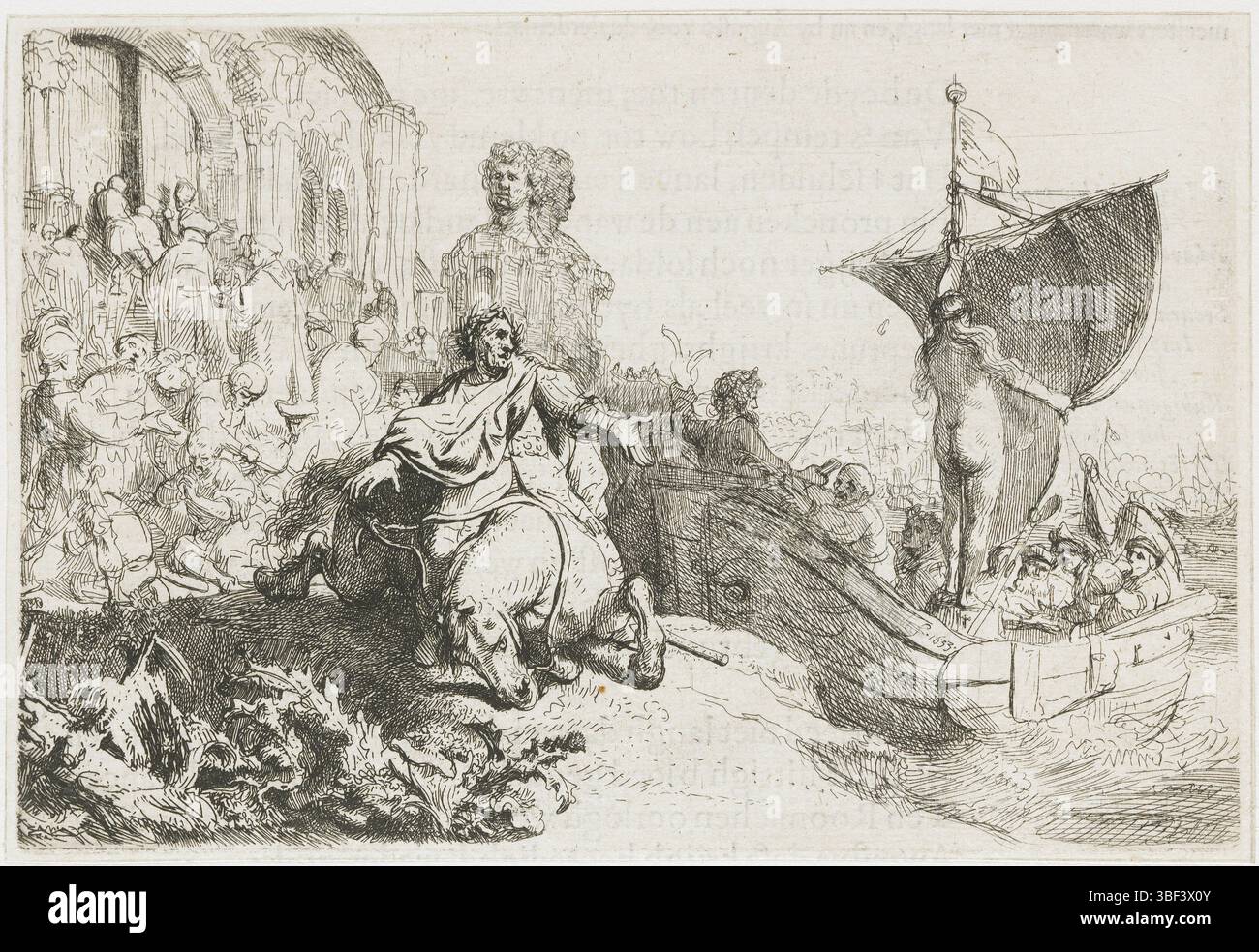 Rhin, Rembrandt van, Rhin, le navire de Fortuna : la fermeture du temple Janus après la défaite de Marc Antonius à Actium, en bas à droite, le navire de Fortuna : la fermeture du temple Janus après la défaite de Marc Antoine à Actium. Imprimé au dos avec texte en néerlandais., impression, illustration de livre, estampes, Frederik Muller Historyplaten, Rembrandt F. 1633, hauteur 113 mm, largeur 165 mm, Néerlandais du Nord, 1606-07-15 - 1669-10-08, graveur, 1633 - 1633, deuxième quart 17ème siècle, papier, gravure, conception d'œuvres, Noord-Nederlands, après sa propre conception, 1634 - 1634 Banque D'Images