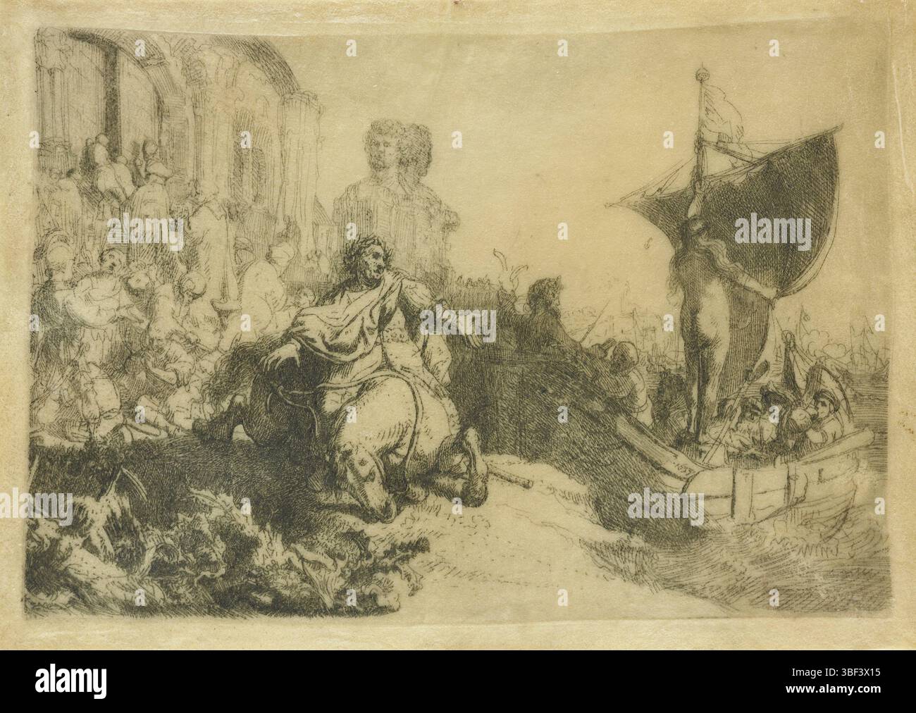 Rhin, Rembrandt van, Rhin, le navire de Fortuna : la fermeture du temple Janus après la défaite de Marc Antonius à Actium, vero en bas à gauche - estampillé, impression, Rembrandt F. 1633, vero en bas à gauche, hauteur 107 mm, largeur 158 mm, North-Nederlands, 1606-07-15 - 1669-10-08, graveur, 1633 - 1633, deuxième quart XVIIe siècle, parchemin (matière animale), parchemin, gravure, conception d'œuvres, Noord-Nederlands, selon sa propre conception Banque D'Images