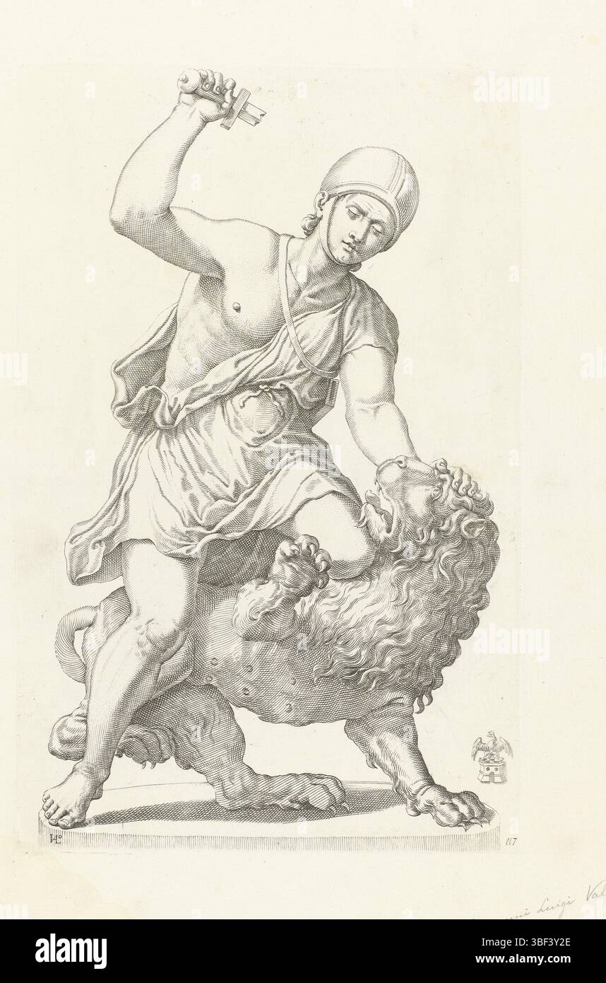 Rome, Valesio, Giovanni Luigi, Galleria Giustiniana del Marchese Vincenzo Giustiniani, Statue d'un gladiateur au combat avec un lion, Rome, recto en bas à droite - manuscrit à l'encre brune, Statue d'un gladiateur au combat avec un lion. Juste sous les armoiries de Vincenzo Giustiniani. Print fait partie d'une série d'estampes après sculptures dans la collection de Giustiniani à Rome., print, verso - estampillé, 117, hauteur 367 mm, largeur 236 mm, Italien, Espagnol, 1583 - 1633, imprimeur, 1636 - 1636, papier, gravure, gravure (procédé d'impression) Banque D'Images