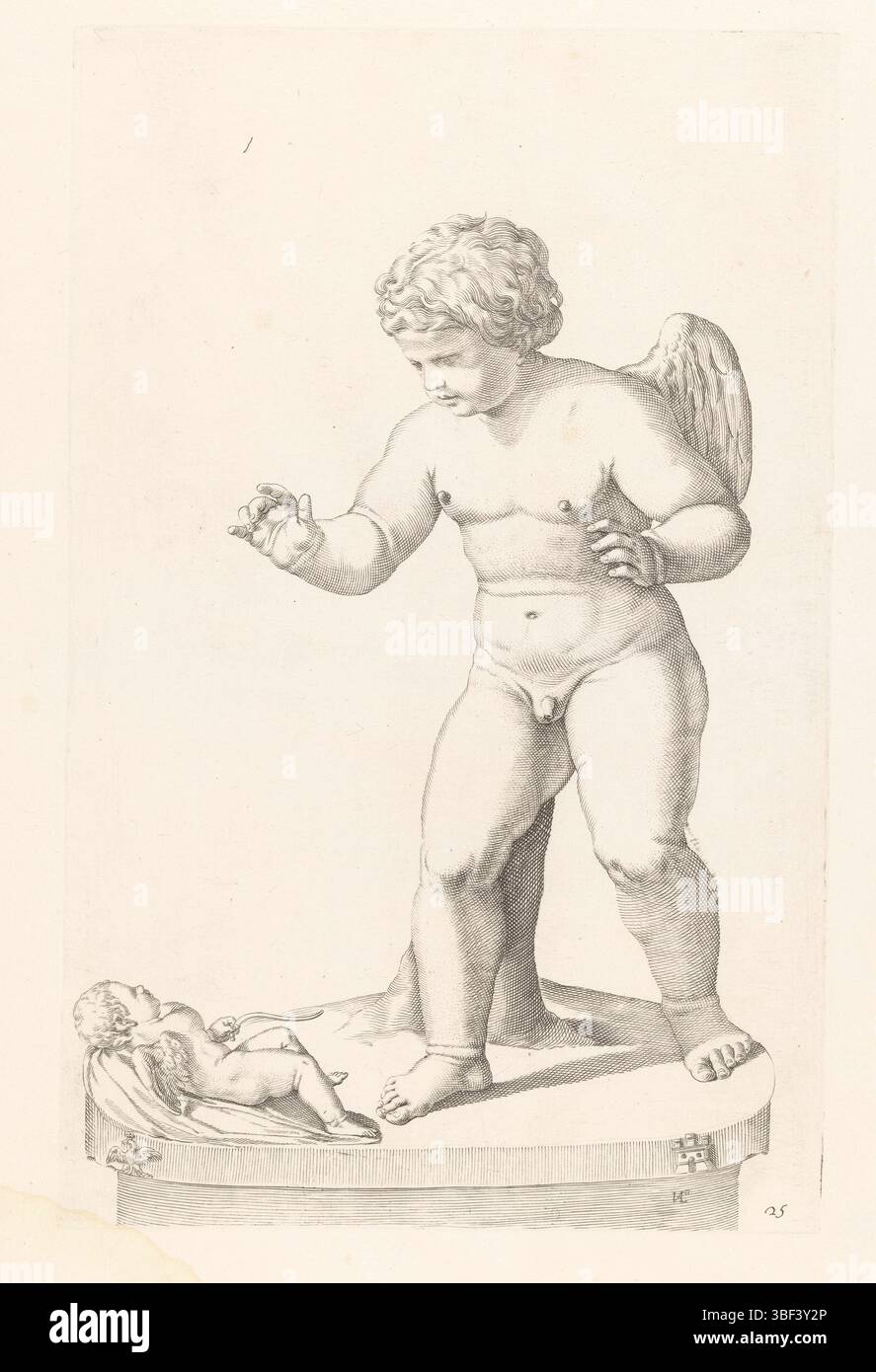 Rome, Valesio, Giovanni Luigi, Galleria Giustiniana del Marchese Vincenzo Giustiniani, Statue d'Eros et Anteros, Rome, juste en dessous - manuscrit à l'encre brune, Statue d'Eros et Anteros. Eros s'approche de l'Anteros endormi. Sur la base de l'aigle couronné et château des armoiries de Vincenzo Giustiniani. Print fait partie d'une série d'estampes après sculptures dans la collection de Giustiniani à Rome., print, verso - estampillé, 25, hauteur 375 mm, largeur 238 mm, Italien, Espagnol, 1583 - 1633, imprimeur, 1636 - 1636, papier, gravure, gravure (procédé d'impression) Banque D'Images