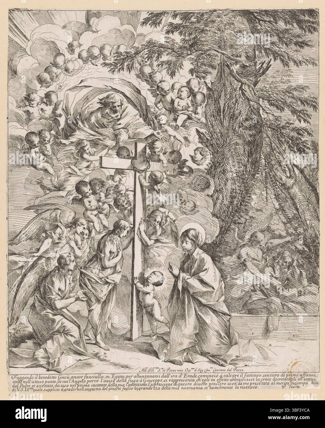 Italie, Testa, Pietro, Italie, le rêve de Joseph, verso - estampillé, droit le Joseph endormi, qui est averti dans un rêve par un ange qu'il doit fuir avec sa famille en Egypte. A gauche Marie et le Christ enfant par une croix. La croix est entourée d'anges et de Dieu le Père avec l'esprit Saint comme pigeon. Commande et texte italien de quatre lignes dans la marge inférieure., impression, hauteur 363 mm, largeur 296 mm, italien, 1612 - 1650, graveur, 1621 - 1650, papier, gravure, tonalité de plaque, conception de travail, selon sa propre conception Banque D'Images Italie, Testa, Pietro, Italie, le rêve de Joseph, verso - estampillé, droit le Joseph endormi, qui est averti dans un rêve par un ange qu'il doit fuir avec sa famille en Egypte. A gauche Marie et le Christ enfant par une croix. La croix est entourée d'anges et de Dieu le Père avec l'esprit Saint comme pigeon. Commande et texte italien de quatre lignes dans la marge inférieure., impression, hauteur 363 mm, largeur 296 mm, italien, 1612 - 1650, graveur, 1621 - 1650, papier, gravure, tonalité de plaque, conception de travail, selon sa propre conception Banque D'Images
