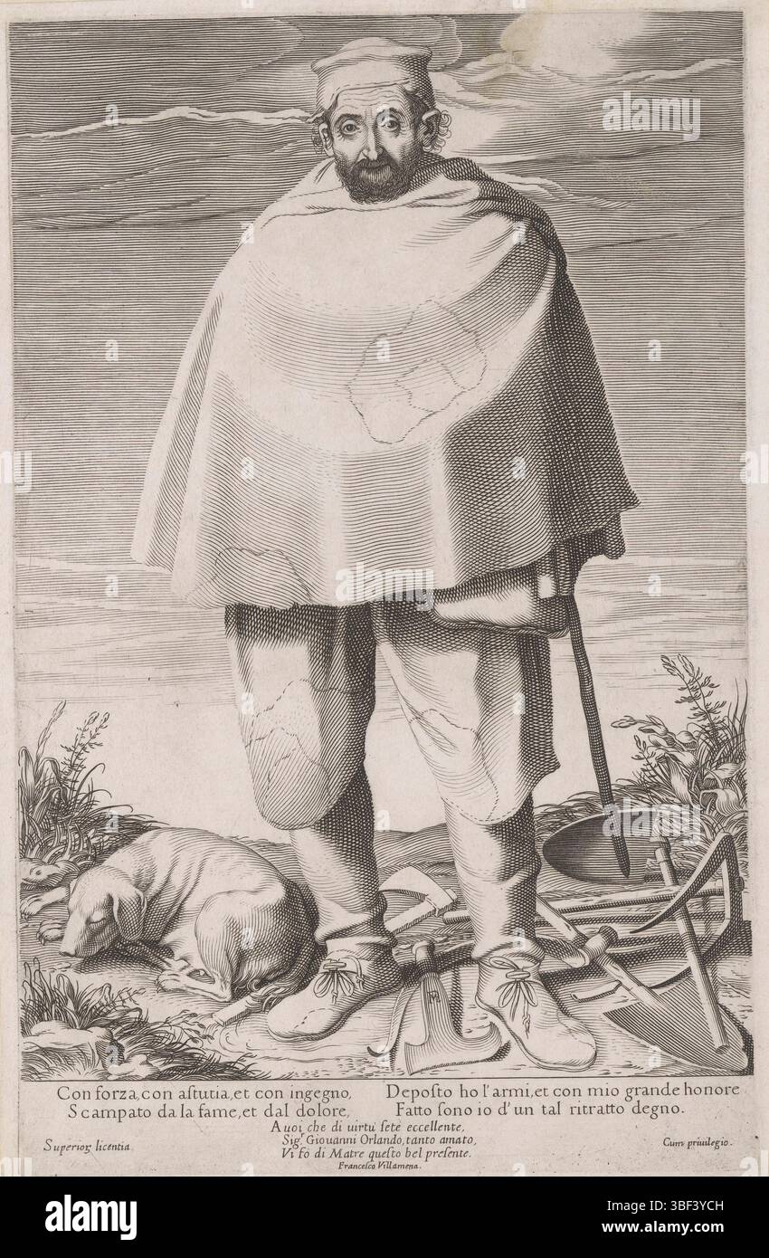 Cité du Vatican, cour pontificale, Italie, Villamena, Francesco, Street Calls of Rome, Gardenman, recto au milieu en bas - écrit à la main à l'encre brune, Un homme debout avec un chien et des outils de jardin à ses pieds. Règles latines dans la marge inférieure., imprimer, verso - estampillé, 06, hauteur 321 mm, largeur 205 mm, italien, 1566 - 1624-07-07, graveur, 1576 - 1624, papier, gravure, gravure (procédé d'impression), fournisseur de privilège Banque D'Images