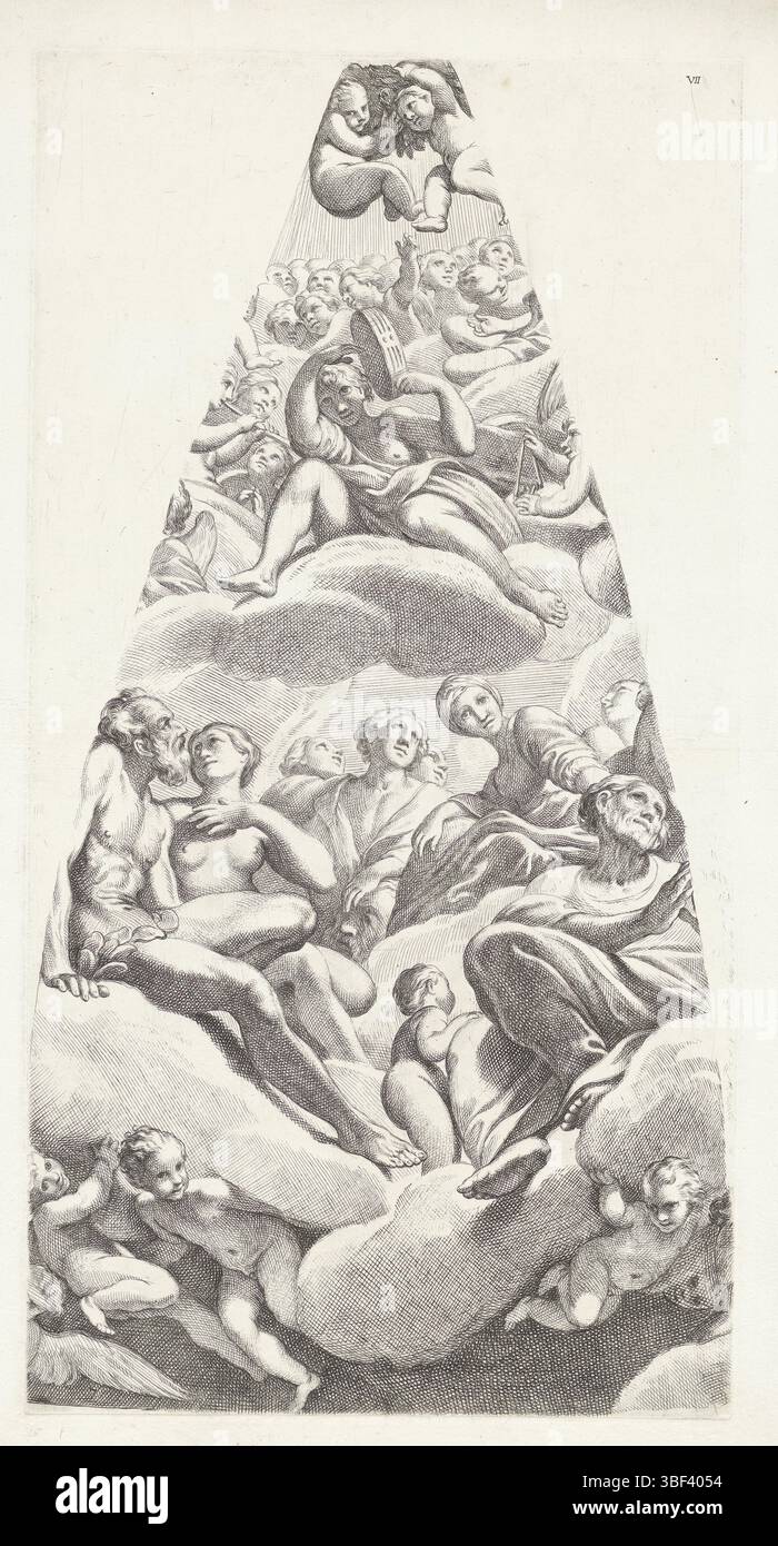 Rome, Lanfranco, Giovanni, Italie, Cesio, Carlo, Ascension de Marie, Adam et Ève avec des saints assis sur un nuage, Rome, verso - estampillé, Adam et Ève avec des saints assis sur un nuage. Ils sont entourés d'anges, l'un jouant sur un tambourin et l'autre jouant sur un triangle., impression, hauteur 551 mm, largeur 287 mm, italien, 1622 - 1682, graveur, 1636 - 1686, papier, gravure, gravure (procédé d'impression), gravure, dessinateur intermédiaire, après dessin, 1582-01-26 - 1647-11-30, après peinture de Banque D'Images