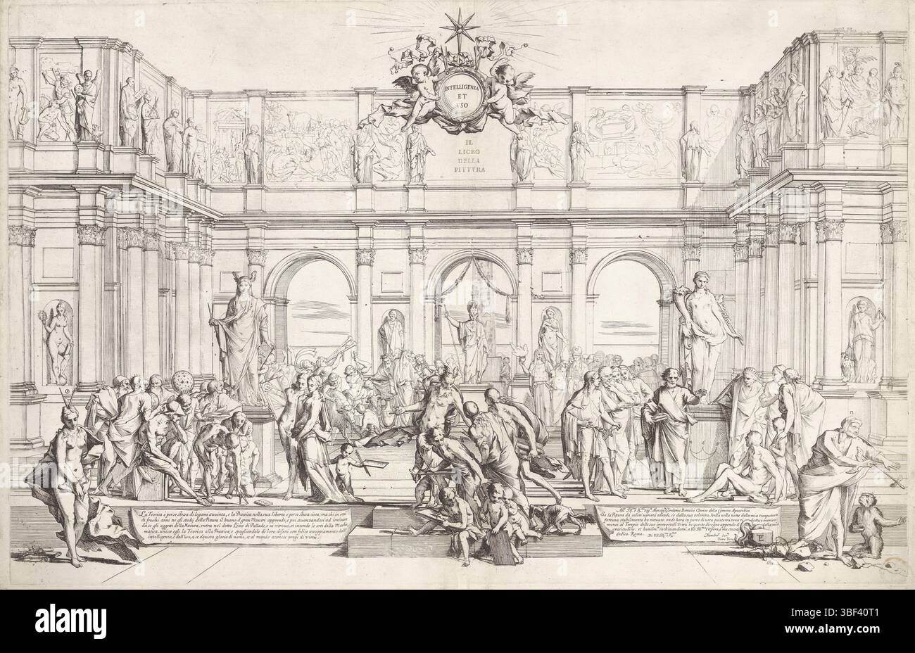 Italie, Testa, Pietro, il Liceo della Pittura, Académie de peinture, Italie, verso - estampillé, visage dans une cour avec trois groupes d'artistes représentant l'imitation, l'observation et la perfection. Les artistes apparaissent devant des scientifiques. Tout ce qui reste est la personnification de la théorie. Tout à droite est la personnification de la pratique avec un singe, symbolisant l'impression. Elle se saisit aveuglément du spectacle. Il y a plusieurs sculptures entre les figures. Gauche et droite sous les papiers avec texte. Au milieu, au-dessus de deux putti portant un médaillon avec texte : « intelligenza et uzo »., Banque D'Images