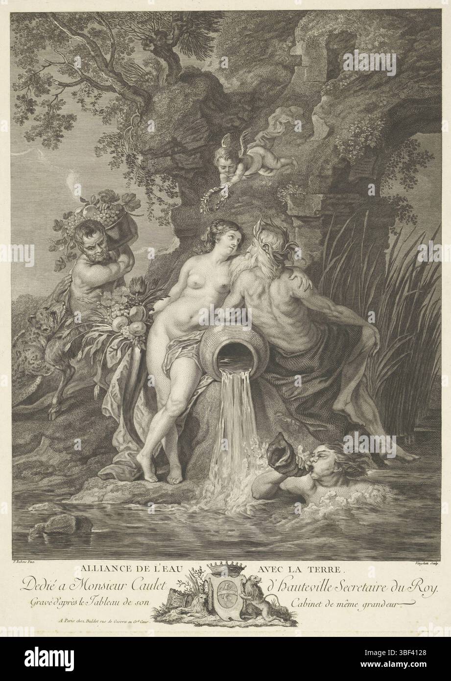 Paris, Buldet, Denis-Charles, Rubens, Peter Paul, Italie, Vangelisti, Vincenzo, Alliance de l'eau avec la terre, engagement entre l'eau et la terre, Paris, verso-estampillé, la personnification féminine de la terre et la personnification masculine de l'eau sont réunies sous un arbre sur le front de mer. Laissé un satyre avec un panier de fruits et une panthère. A l'étage, un putto flotte. Texte français et armoiries en marge., impression, hauteur 595 mm, largeur 438 mm, italien, 1728 - 1798, graveur, 1754 - 1798, papier, gravure, gravure (procédé d'impression), gravure, sud des pays-Bas, 1577-06-28 - 1640-05-30, après, par peinture Banque D'Images