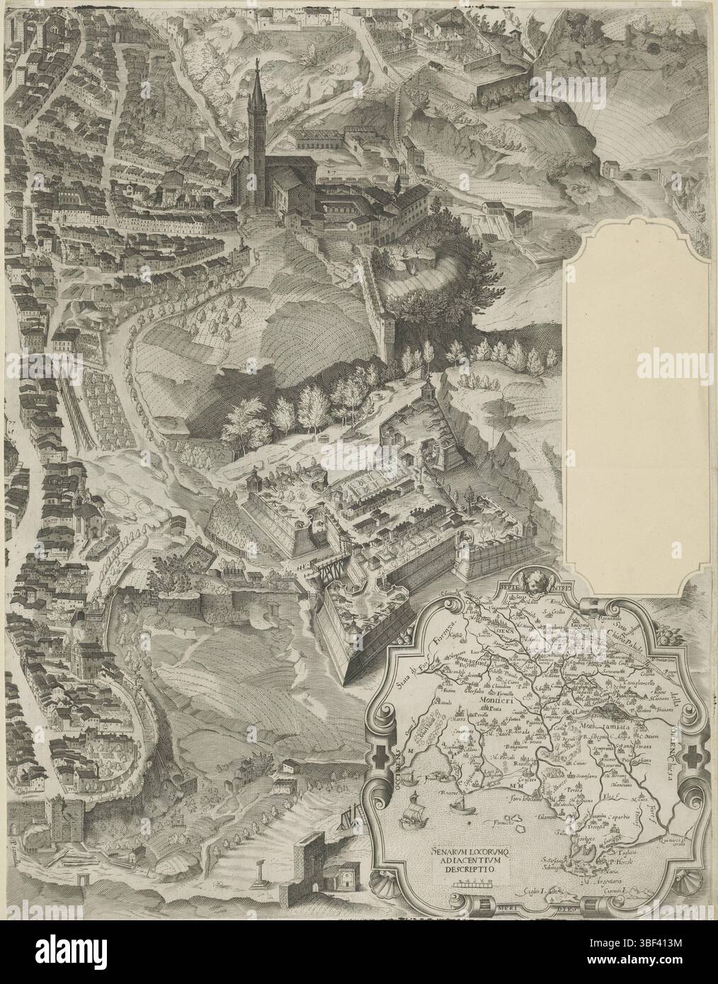 Italie, Italie, Vanni, Francesco, Senavetus civitas virginis, carte de Sienne (partie inférieure droite), verso - estampillé, partie d'une carte de Sienne. Au-dessus de la ville saints, évêques, cardinaux et Marie sur les nuages., impression, hauteur 585 mm, largeur 450 mm, conception de l'œuvre, italien, 1563 - 1610-10-26, après conception de, 1597 - 1597, papier, gravure, gravure, gravure (processus d'impression), imprimeur, imprimeur Banque D'Images