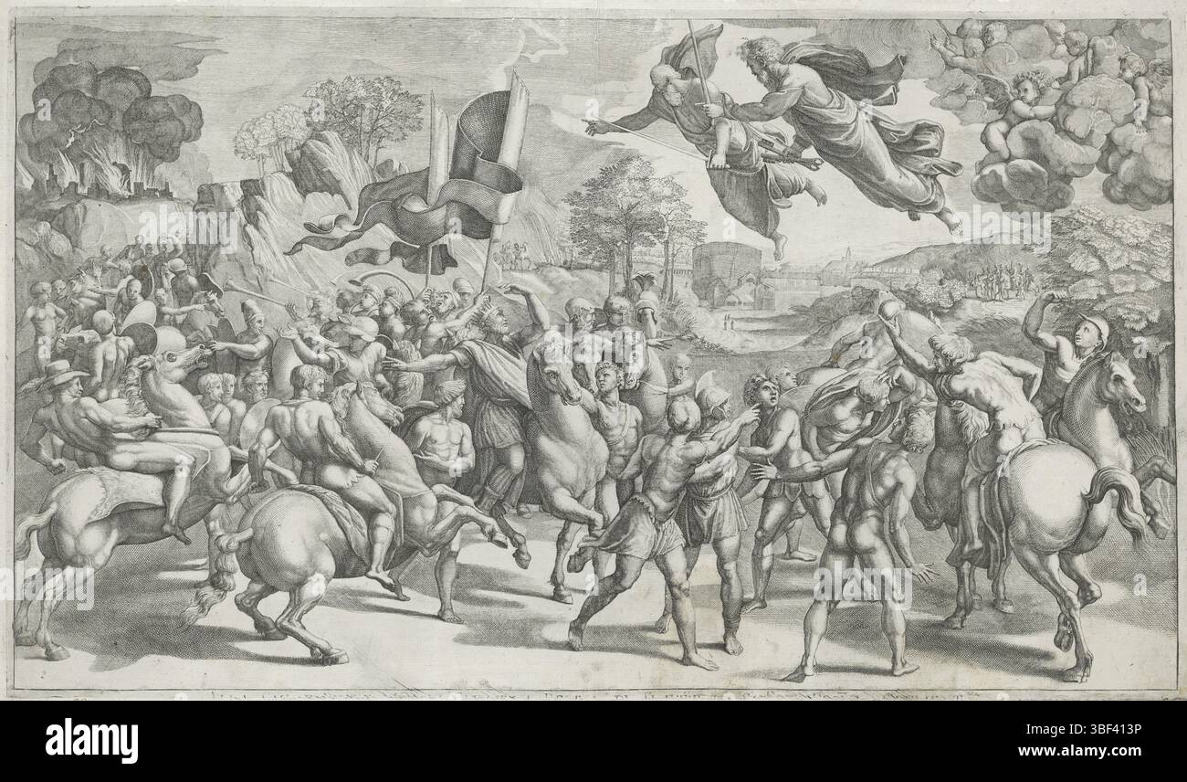 Cité du Vatican, Raphaël, Cité du Vatican, Romano, Giulio, Italie, Atilla pour la ville de Rome, recto gauche en bas - manuscrit à l'encre brune, le pape Léon le Grand et son suivi rencontrent Attila le Hun et ses soldats à l'extérieur des murs de Rome. Le Pape pointe Atilla vers les deux apôtres Pierre et Paul dans le ciel, protégeant Rome., print, verso - estampillé, 52, hauteur 350 mm, largeur 600 mm, imprimeur, 1514-1514, papier, gravure, gravure (procédé d'impression), gravure, italien, 1499 - 1546-01-11, après peinture, 1483-04-07 - 1520-04-07, après peinture, concept de travail, 1483-04-07 - 1520-04-07 Banque D'Images