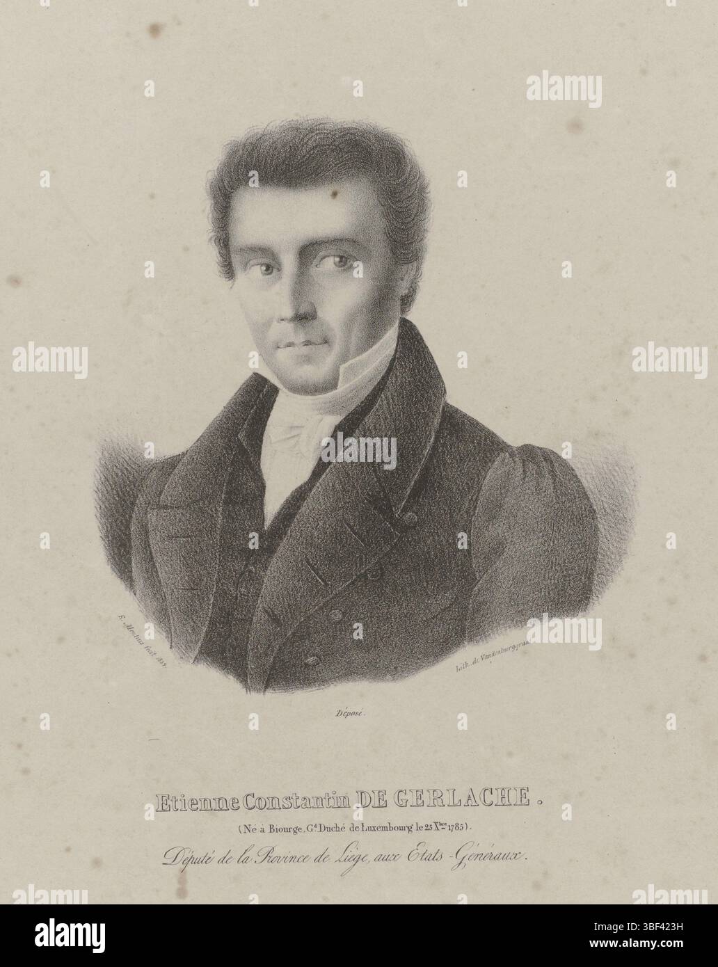 Belgique, Van den Burggraaff, Guillaume Philidor, Belgique, Montius, E., Etienne Constantin de Gerlache. Né à Biourge, Gd Duché de Luxembourg le 25 Xbre 1785. Député de la Province de Liège, aux Etats généraux, Portrait d'Etienne Constantin de Gerlache, 1829, sous - imprimé, Portrait d'Etienne Baron de Gerlache, accepté au nom de la Province de Liège dans les Etats généraux, vers 1830. Fait partie d'un groupe de portraits de personnes ayant participé à la Révolution belge ou donc réputées pour celle-ci, estampe, Frederik Muller plaques historiques, dépôt, hauteur 340 mm, largeur 275 mm, graveur, 182 Banque D'Images