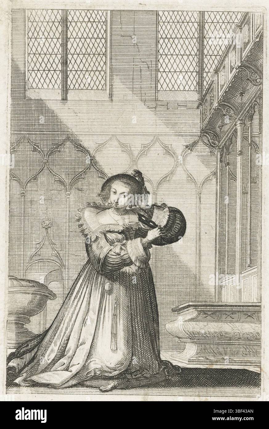 Louis XIII (roi de France), Saint-Igny, Jean de, bosse, Abraham, costumes de la noblesse française dans l'église, la noblesse Françoise à l'Eglise, femme noble agenouillée avec masque, assise à l'intérieur de l'église, habillée selon la mode d'environ 1630, verso - estampillé, Une dame noble française agenouillée sur un oreiller dans une église. Elle enlève le masque de velours qui devait protéger son visage du soleil extérieur. Elle porte un large col en dentelle et des poignets sur les manches., imprimés costumes, impressions, hauteur 154 mm, largeur 94 mm, français, 1602 - 1676-02-14, imprimeur, 1628 - 1629, papier, gravure, gravure, gravure Banque D'Images