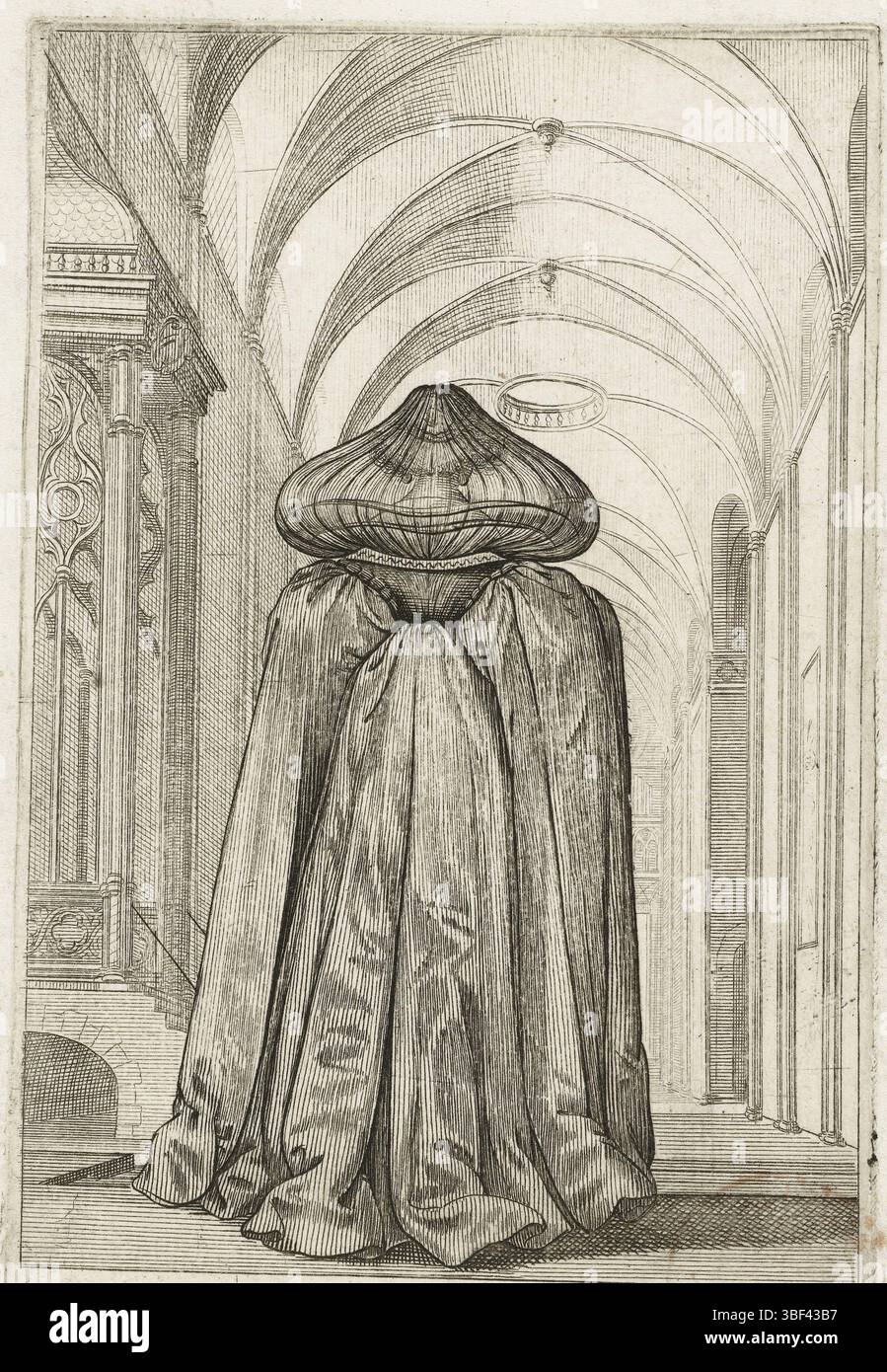 Louis XIII (roi de France), Saint-Igny, Jean de, bosse, Abraham, costumes de la noblesse française dans l'église, la noblesse Françoise à l'Eglise, noble française, en costume de veuve, dans un intérieur d'église, habillé selon la mode de vers 1630, verso - estampillé, Une dame noble, vêtue d'un manteau de veuve, vu sur le dos, dans le hêtre latéral d'une église gothique. Le manteau a un large capuchon transparent ou capuche., impression de costume, impressions, hauteur 151 mm, largeur 95 mm, français, 1602 - 1676-02-14, imprimeur, 1628 - 1629, papier, gravure, gravure, gravure (procédé d'impression), conception d'œuvres, 1600 - 16 Banque D'Images