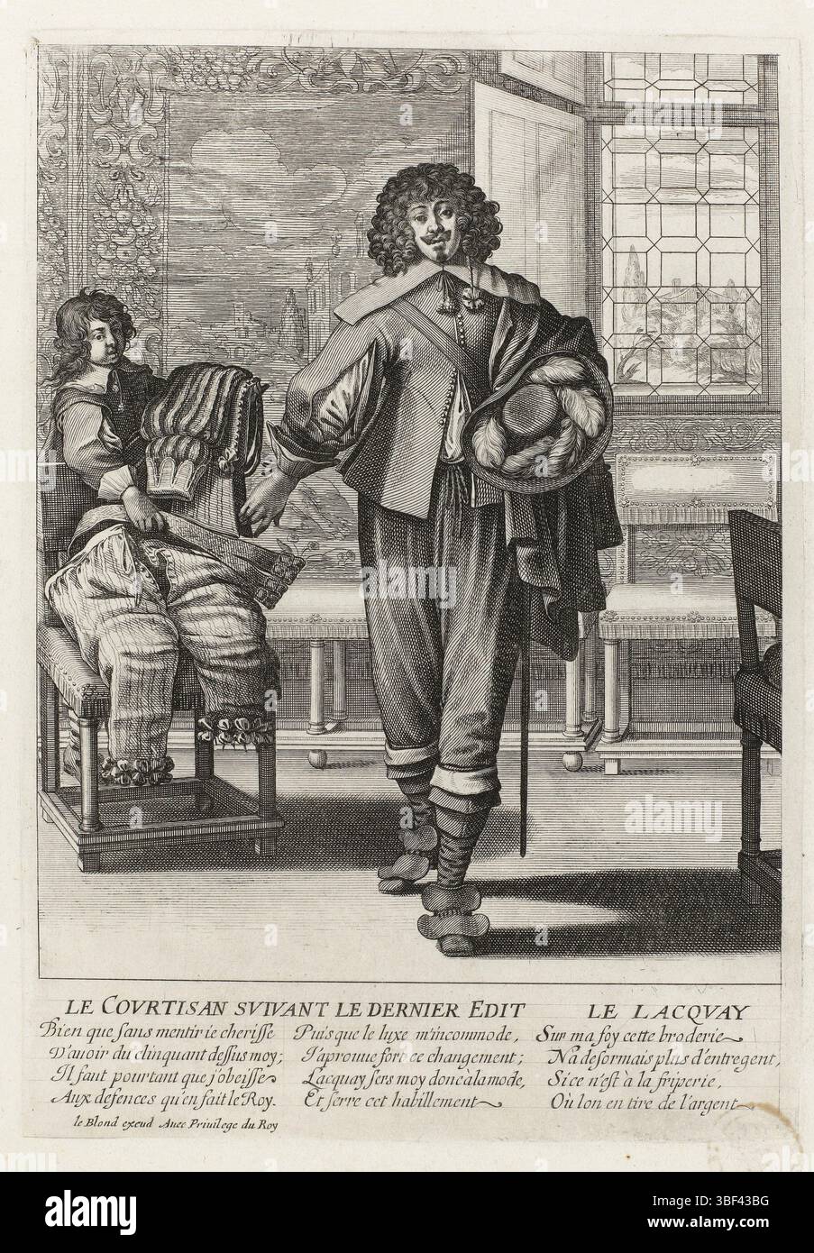 Louis XIII (roi de France), Paris, Leblond, Jean (I), bosse, Abraham, suite à l'édit de 1633, le courtisan suivant le dernier Edit, courtisan français suite à l'édit de 1633, verso - estampillé, Un jeune courtisan se tient chapeau à la main, dans une chambre. Sur le siège derrière lui se trouvent des pantalons luxueux et un gambeson brodé. Le jeune homme donne à son laquais la permission de vendre ces vêtements luxueux à un magasin d'occasion. Il porte lui-même un tube et un col de GAM sans décoration et un pantalon simple, de sorte qu'il répond à l'édit du 18 novembre 1633. Cette loi interdit la broderie d'or et d'argent Banque D'Images